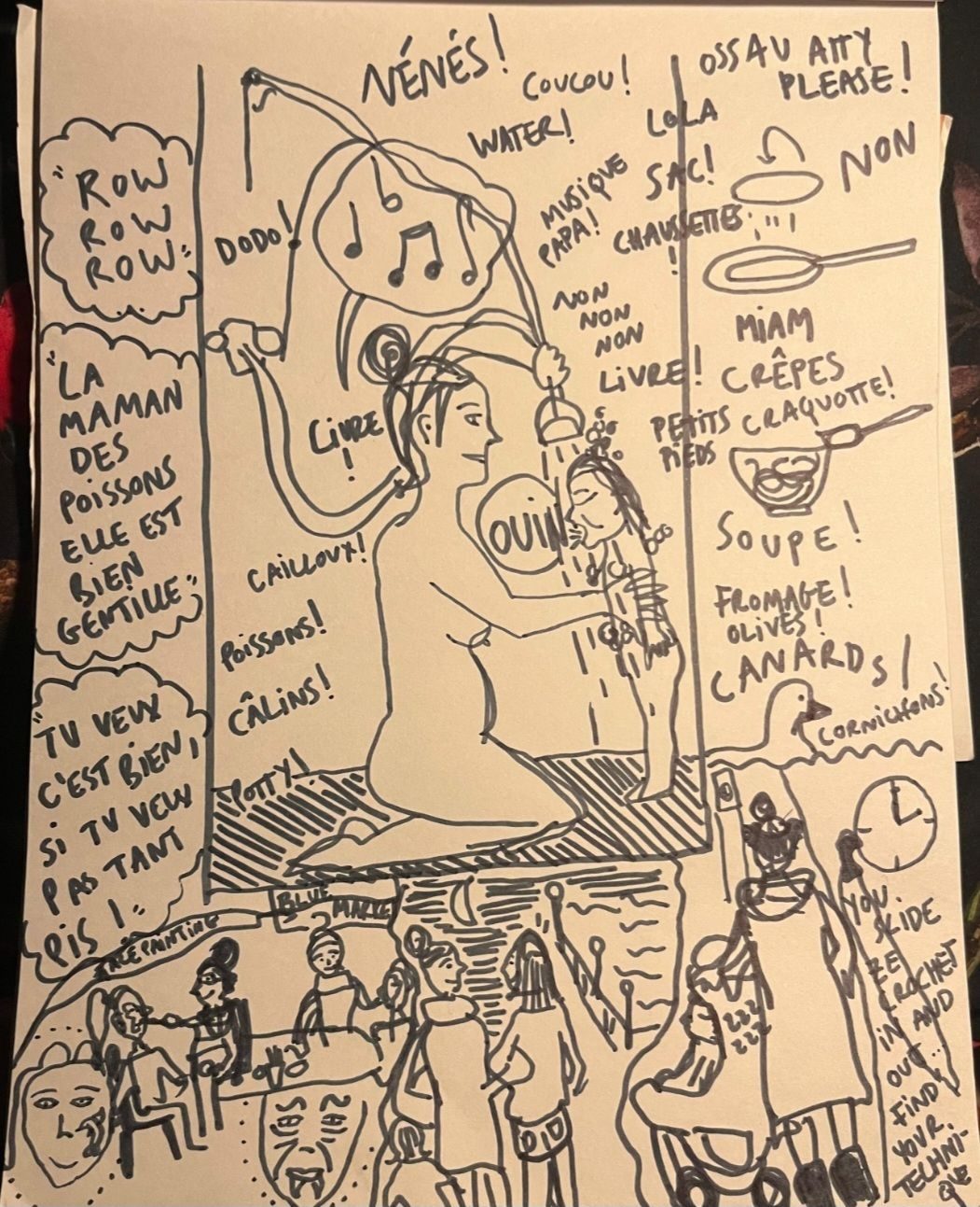 In the center is a clumsy drawing of a mother showering her toddler. Words are written all around, lyrics of songs, and at the bottom you can see different activities such as a nap on the go, face painting, two friends walking in the night, an extract from a crochet tutorial video