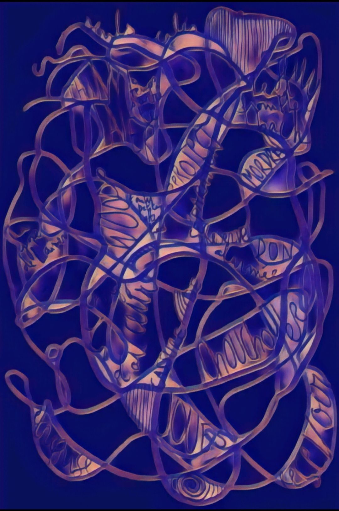 Digital looking. Curved lines meet and cross, youight catch words here and there, bits are missing throughout