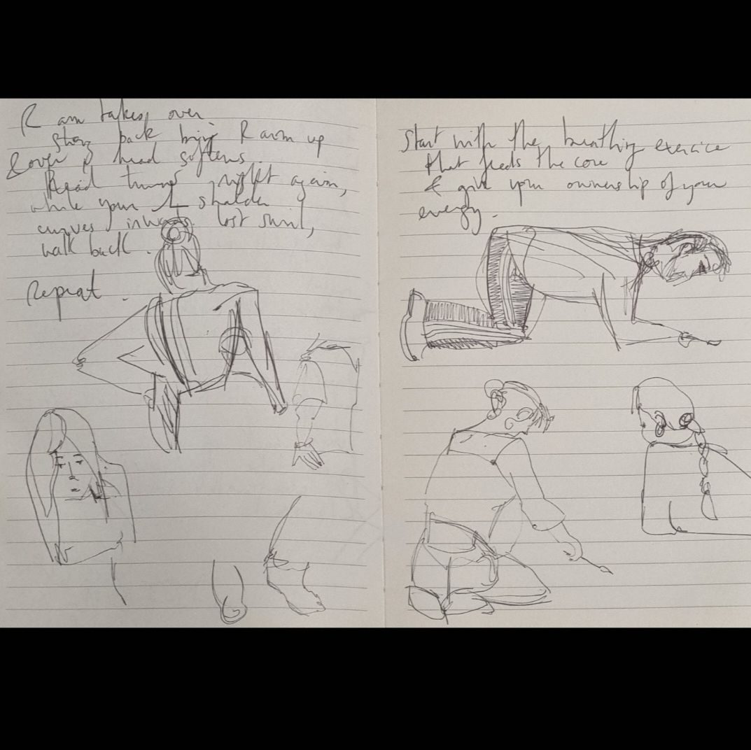 Quick sketch of artists drawing and painting and thinking with written explanations of a choreography and dance lesson plan