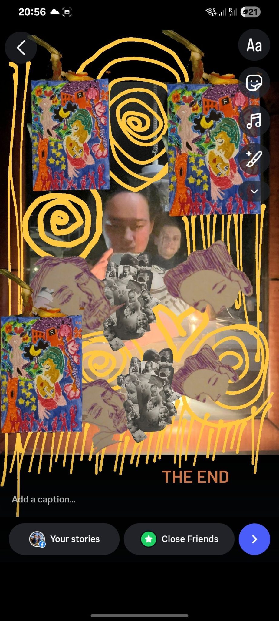 A couple is reflected in a mirror, there is a collage of sketches and collage, pastel drawing and watercolour generally depicting the same couple and their toddler. Yellow lines and spirals are drawn in different places