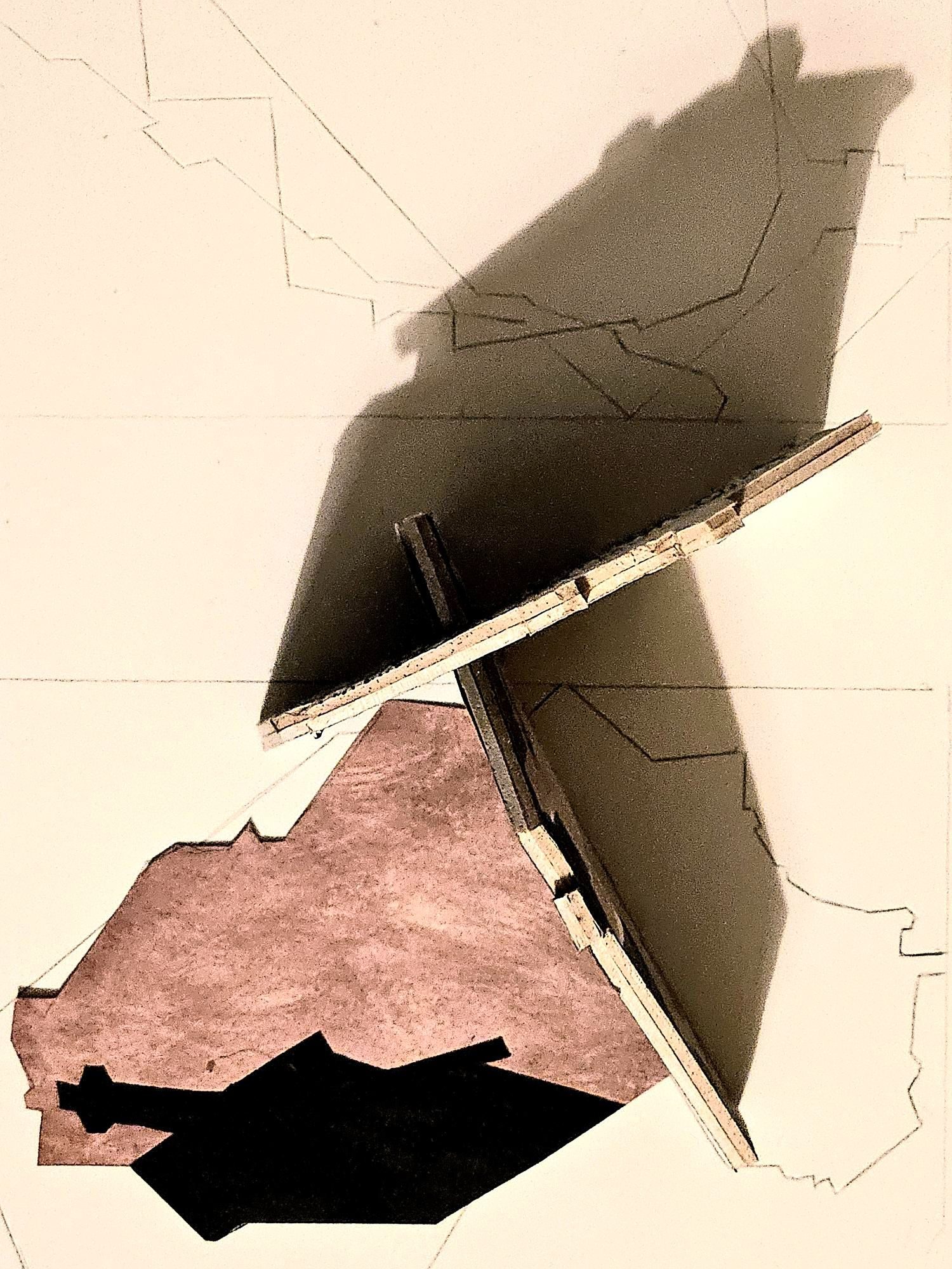 Print, drawing, sculpture and shadows combination based on urban architecture