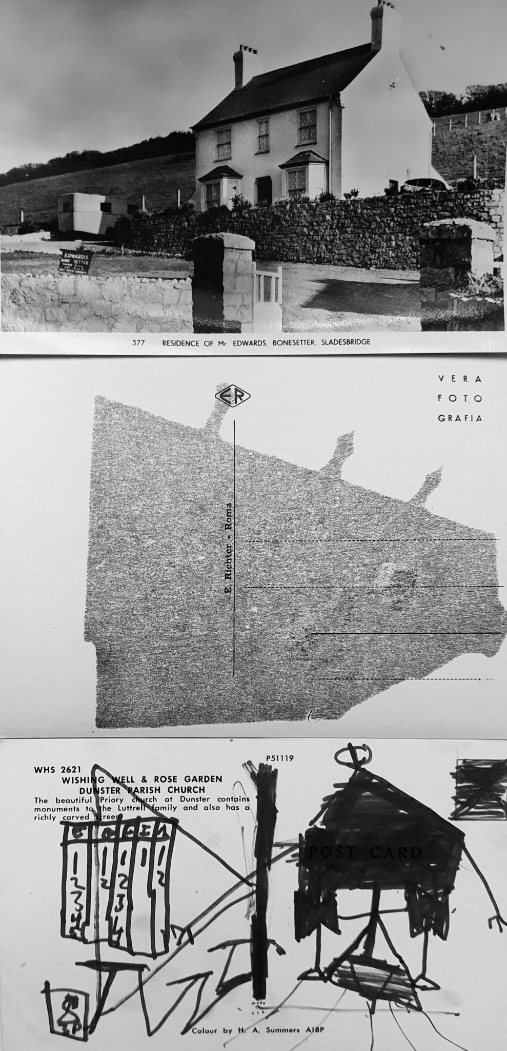 Montage of photograph, print and drawing