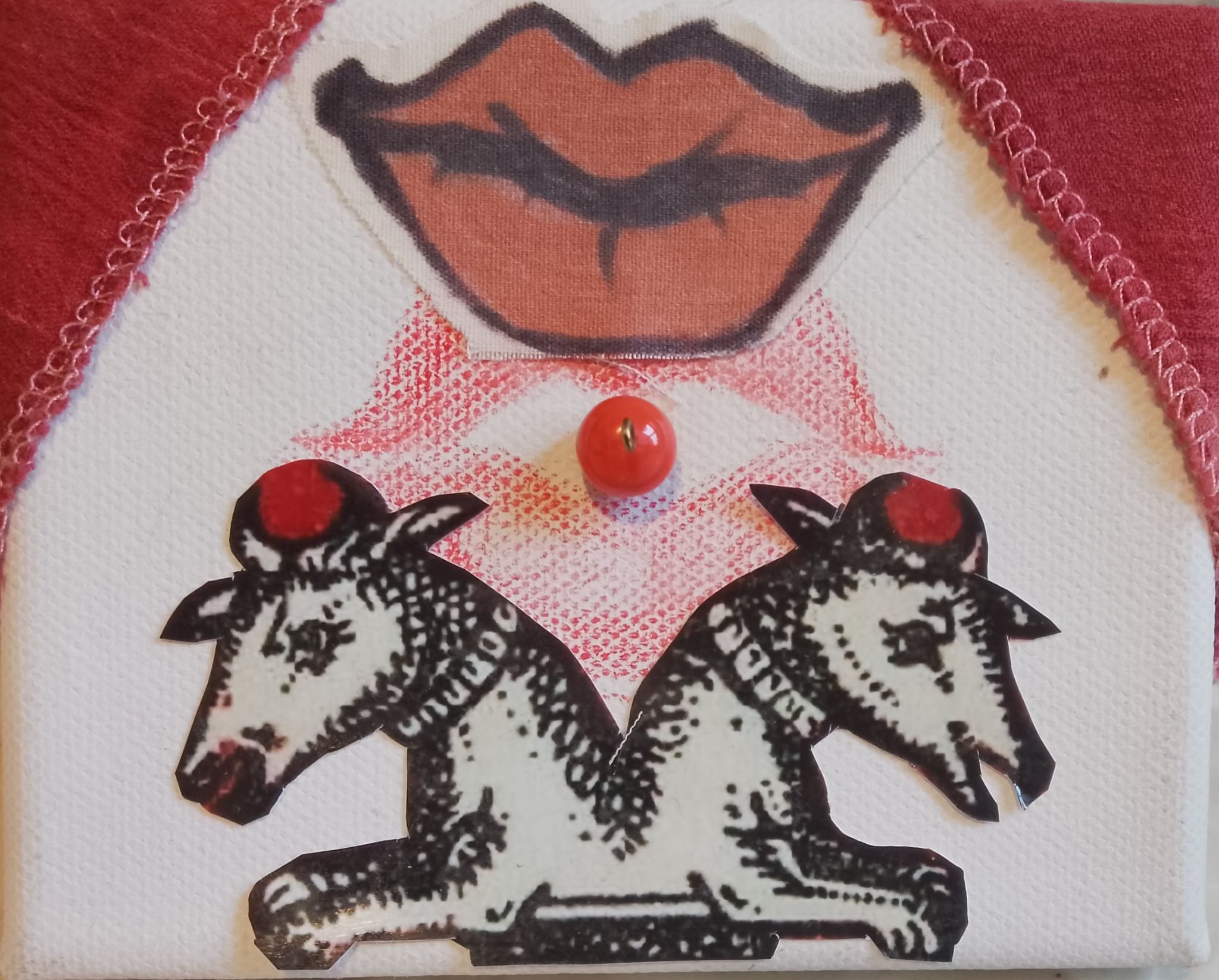 A mixed media collage showing a smiling lips over an open mouth holding a bead above a two mythcal creatures facing opposit direction two bits of red fabric at the corners like curtains of a stage