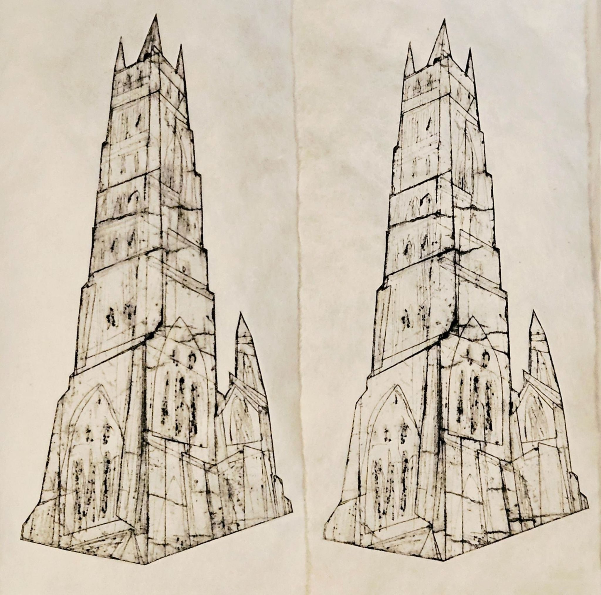Intaglio print of church spires