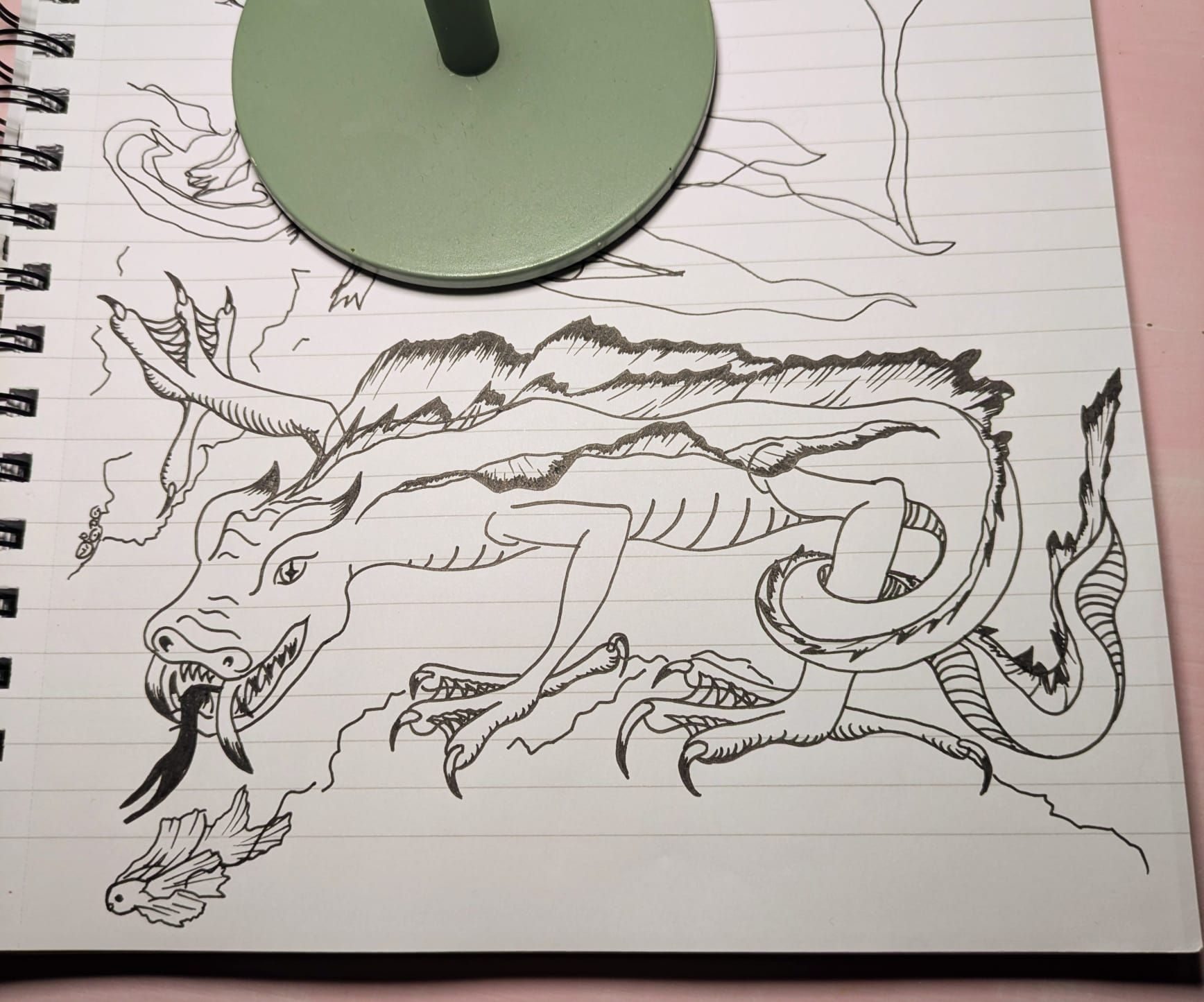 Ink drawing of a dragon with fins and webbed feet