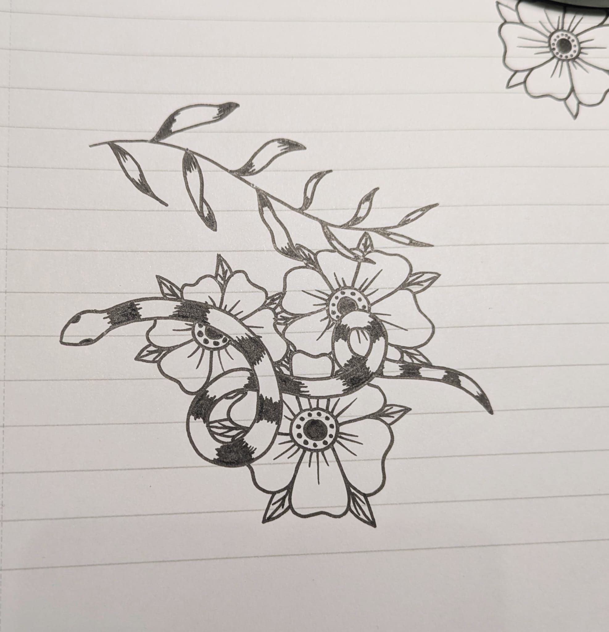 Ink drawing of a small snake over 3 flowers