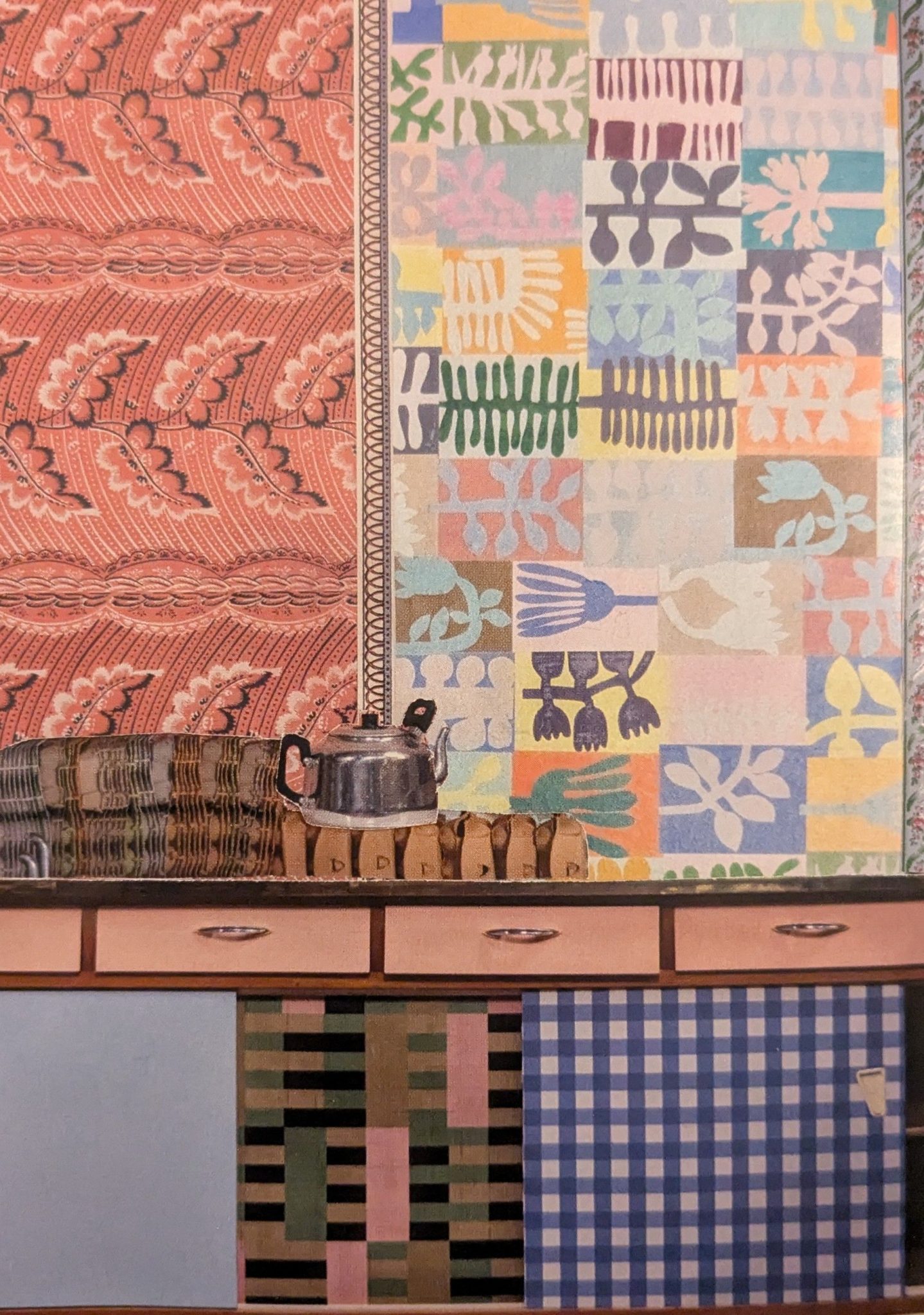A huge pattern explosion in this collage, there are cupboards with blue, pink and green geometric print, and blue gingham, plus pink drawers. Above is a large stack of egg boxes on its side with a metal kettle on top. The wallpaper is pink floral and multicoloured square plant print.
