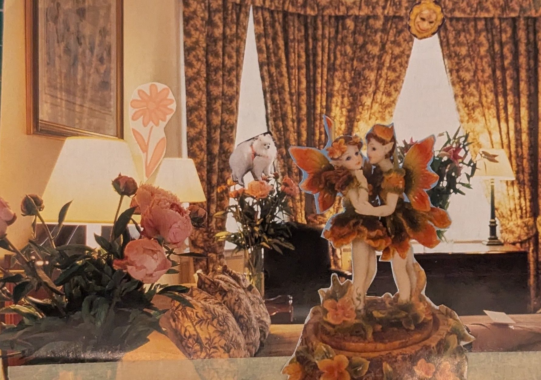 A very 70s grandma looking living room with a fairy couple canoodling in the foreground, a Pomeranian on top of some flowers and a creepy face looking down at you from the curtains.
