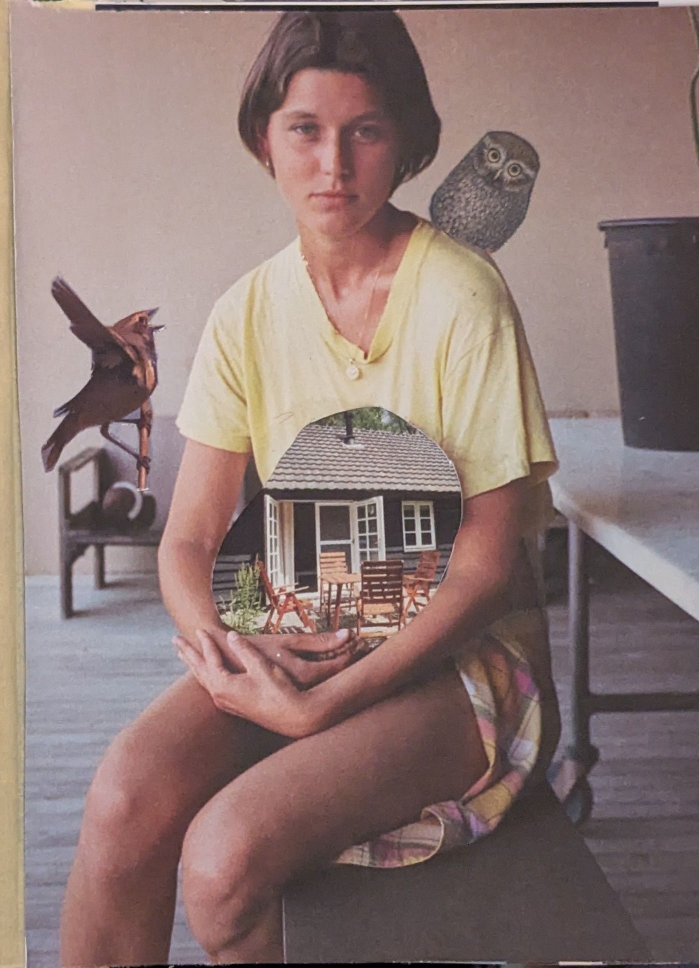 A woman sits on a chair looking directly into the camera in her arms. She is cradling, a wooden cabin with a table with four chairs outside two birds look towards her 1 hour sits on her shoulder looking out at the camera as well and on the left near the sofa the smaller bird screams in her face