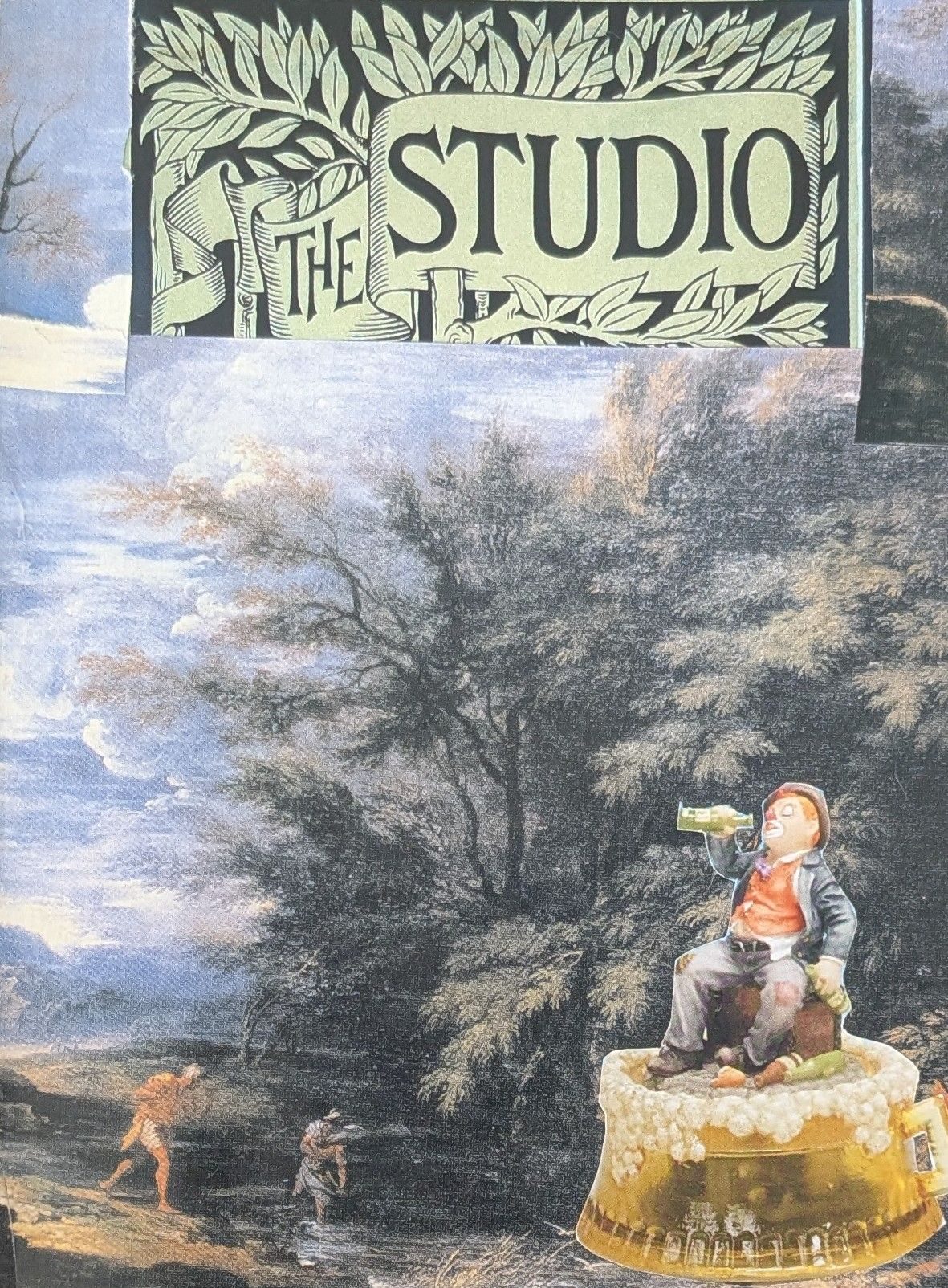 The words the studio are in green backgrounded text with black font surrounding. It is a painting of trees and two men washing in the water and in the bottom right hand corner is a drunkard sitting on a tankard