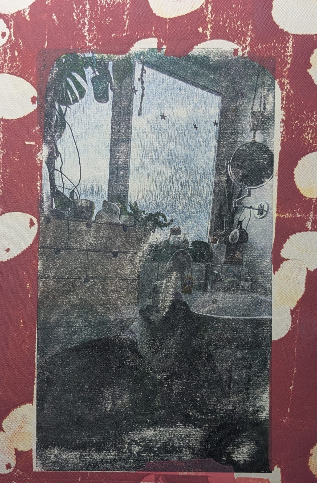 A photo transfer of a picture of my bathroom surrounded by pink ink and ovals