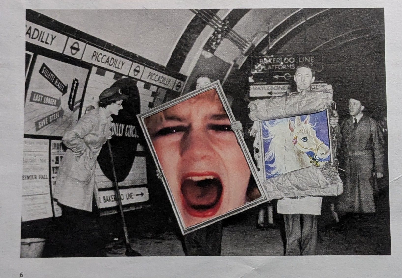A collage of people taking works of art into the underground to save them, the artworks are a unicorn and a screaming woman.