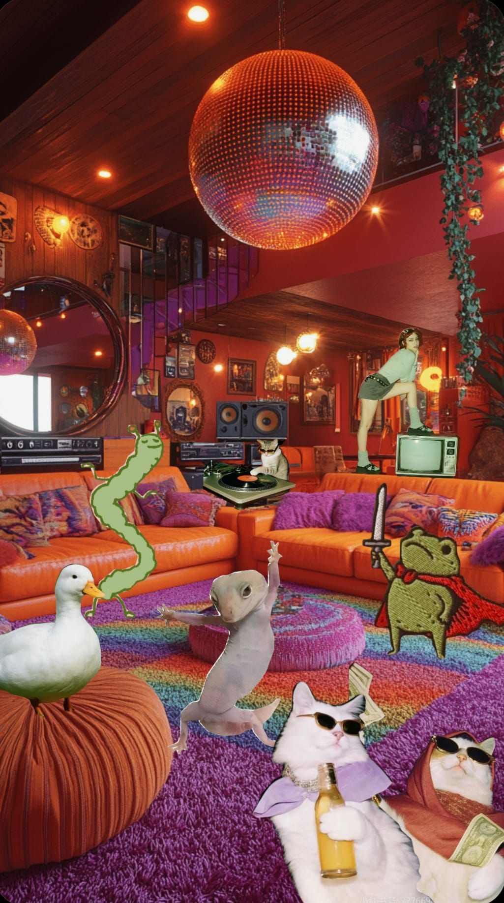 A digital collage showing a '70s plush living room with a disco ball in the foreground, cats, frogs, ducks and people are dancing and partying