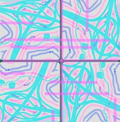 Map of a chaotic road feature, duplicated and manipulated to be more abstract. Digitally painted over while on a shortly train during a messy day in a messy life