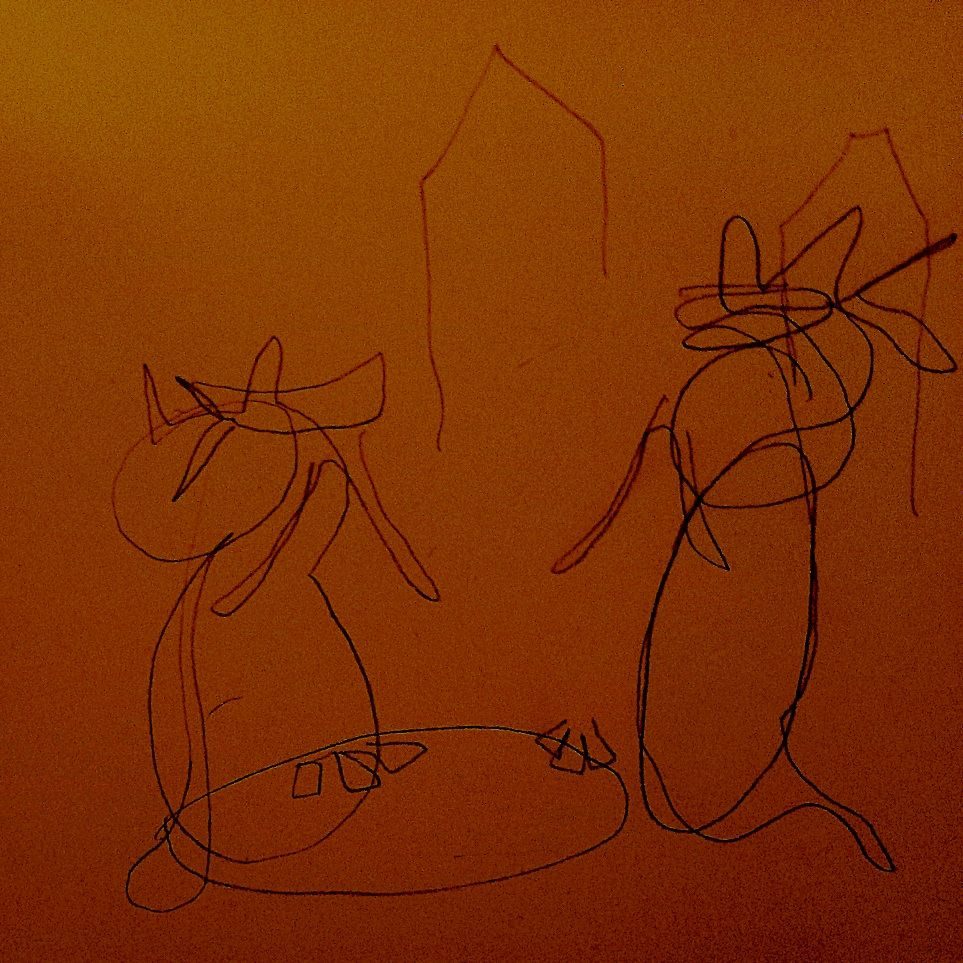 Sketch done blindfolded, ostensibly of 2 cats playing poker. In orange hue