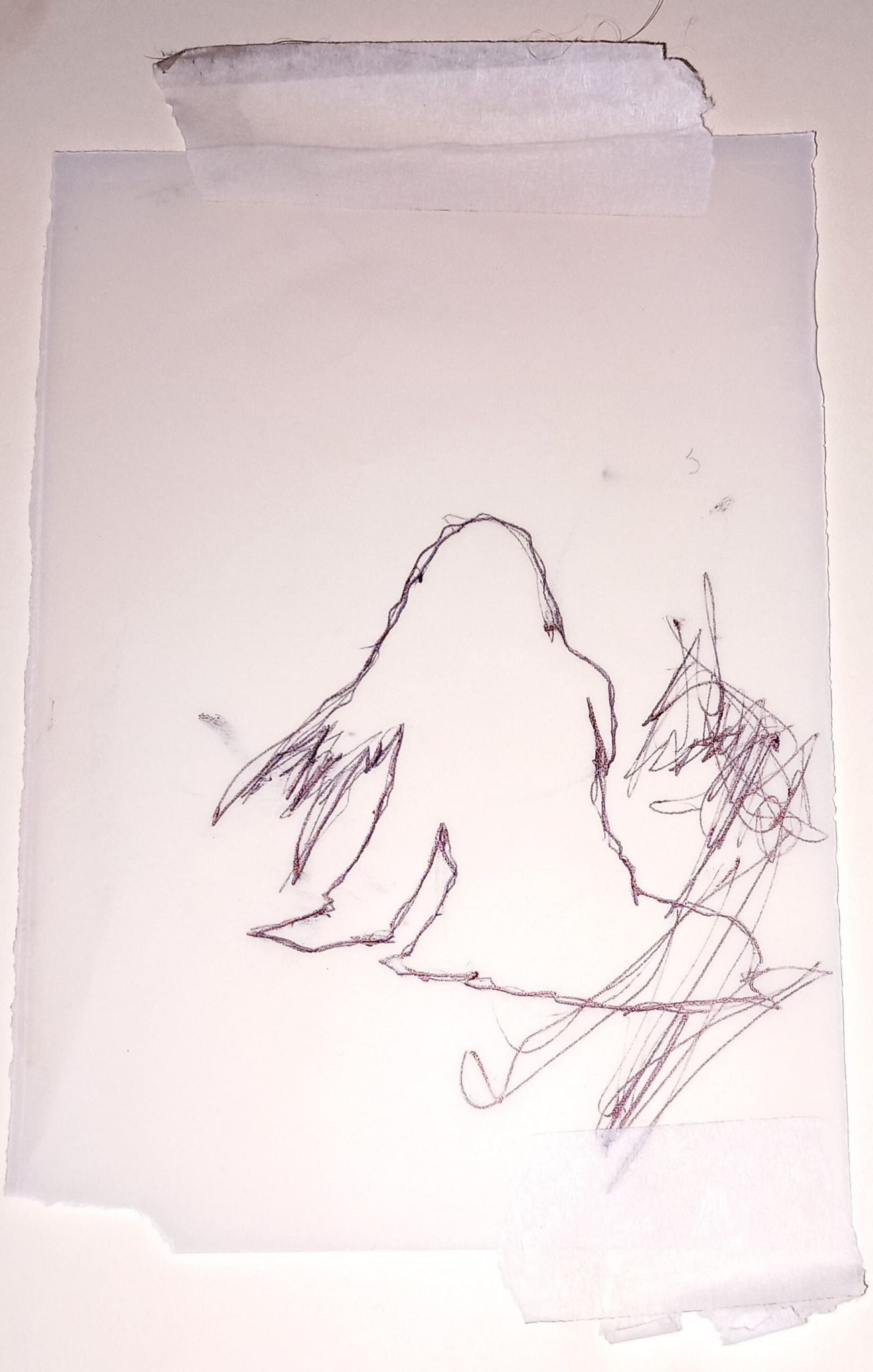 pen line drawing. outline of figure, female with back view.