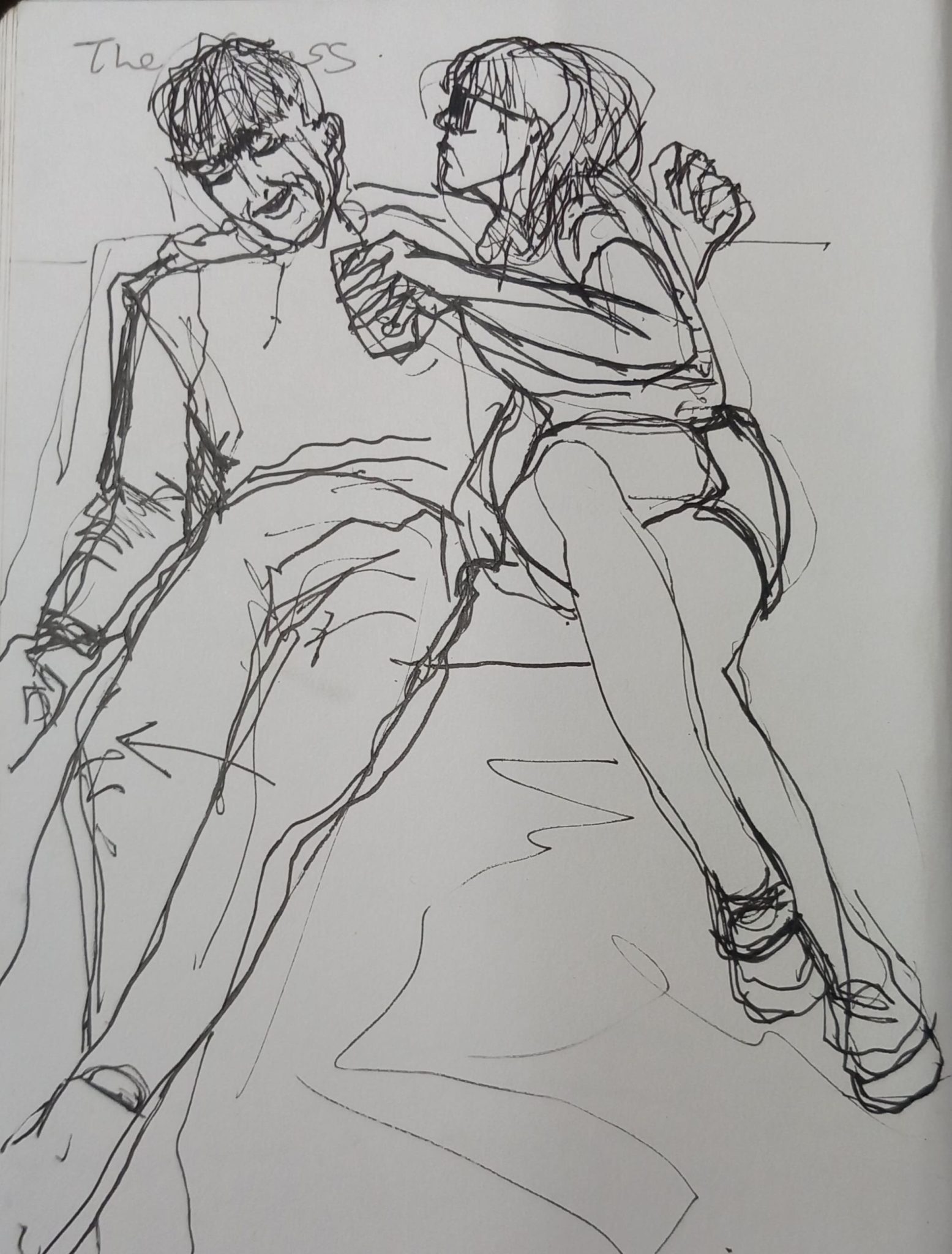 sketch of my adult children,  fine pen. sister is holding a glass and leaning towards her brother to kiss him, playful.They we're sitting on a bench facing onlooker.