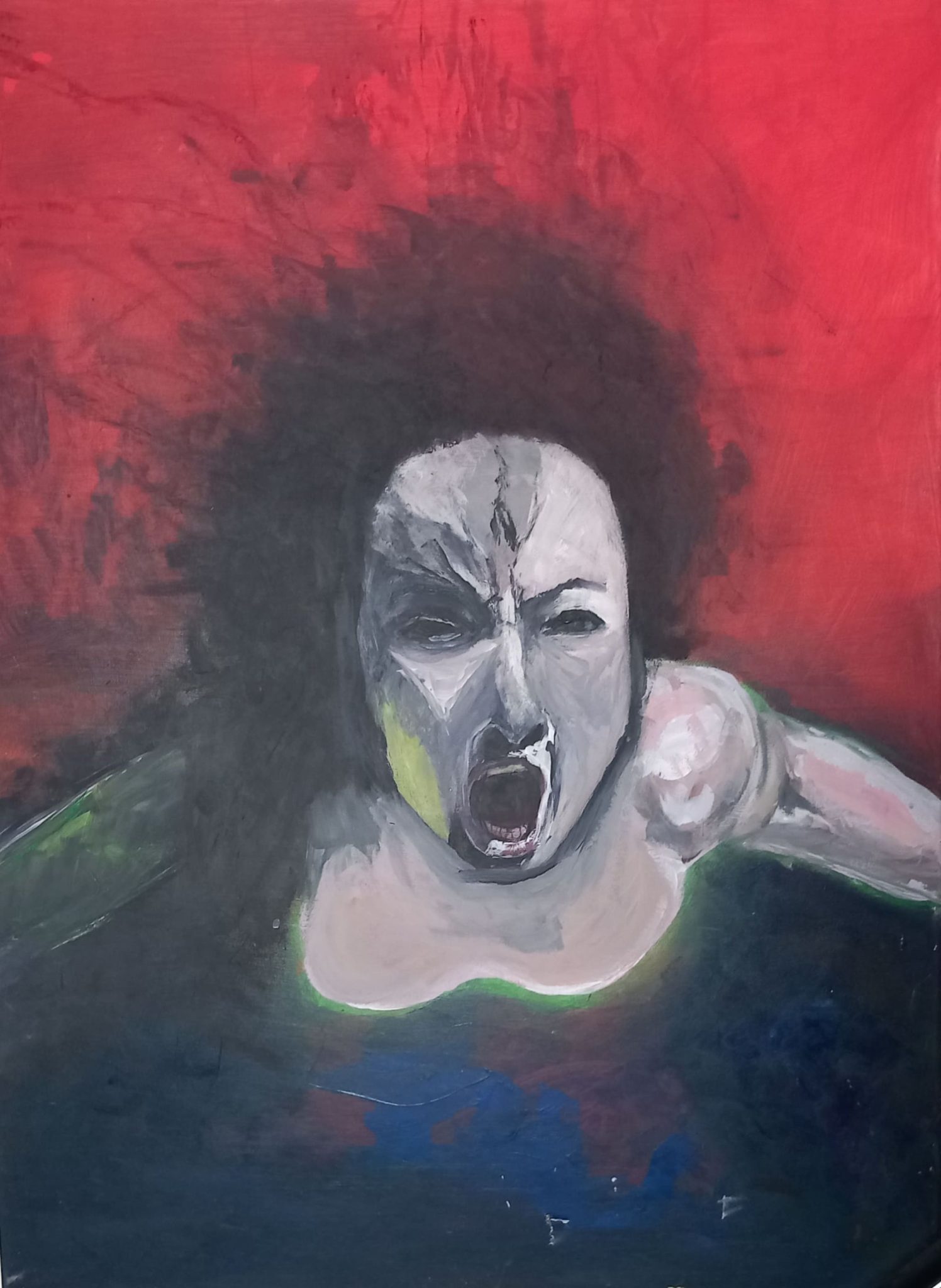 painting with red (top) sark blhebrown murky water(base). a woman screaming merging body and hair melting into background, her body outline in luminous green, skin tones grey with pink and white highlights