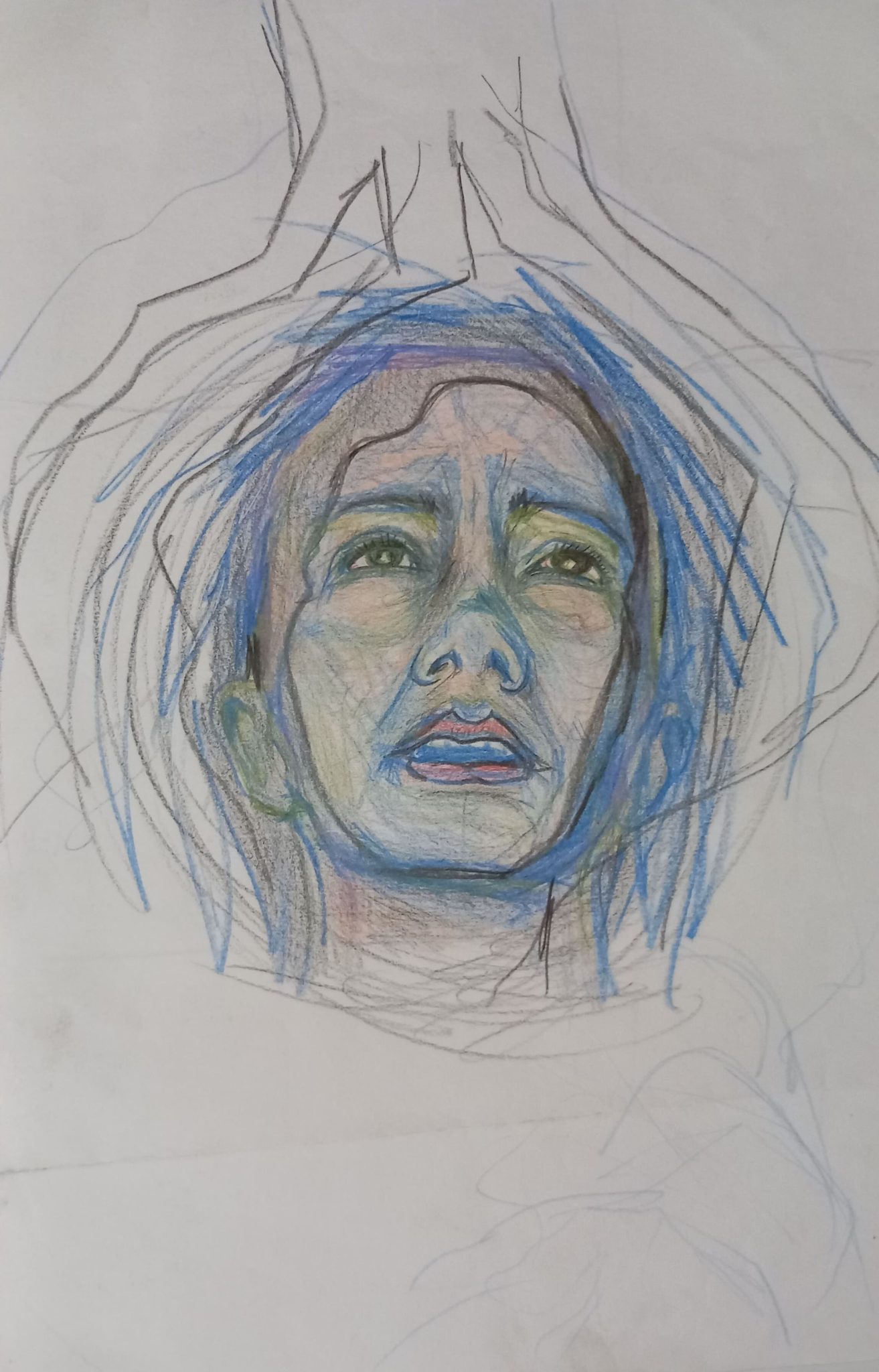 pencil drawing. a womans face emerging from water entwined by tree roots, tree roots in sark grey light marks face more detailed, colours of face blues, greens,pink.
