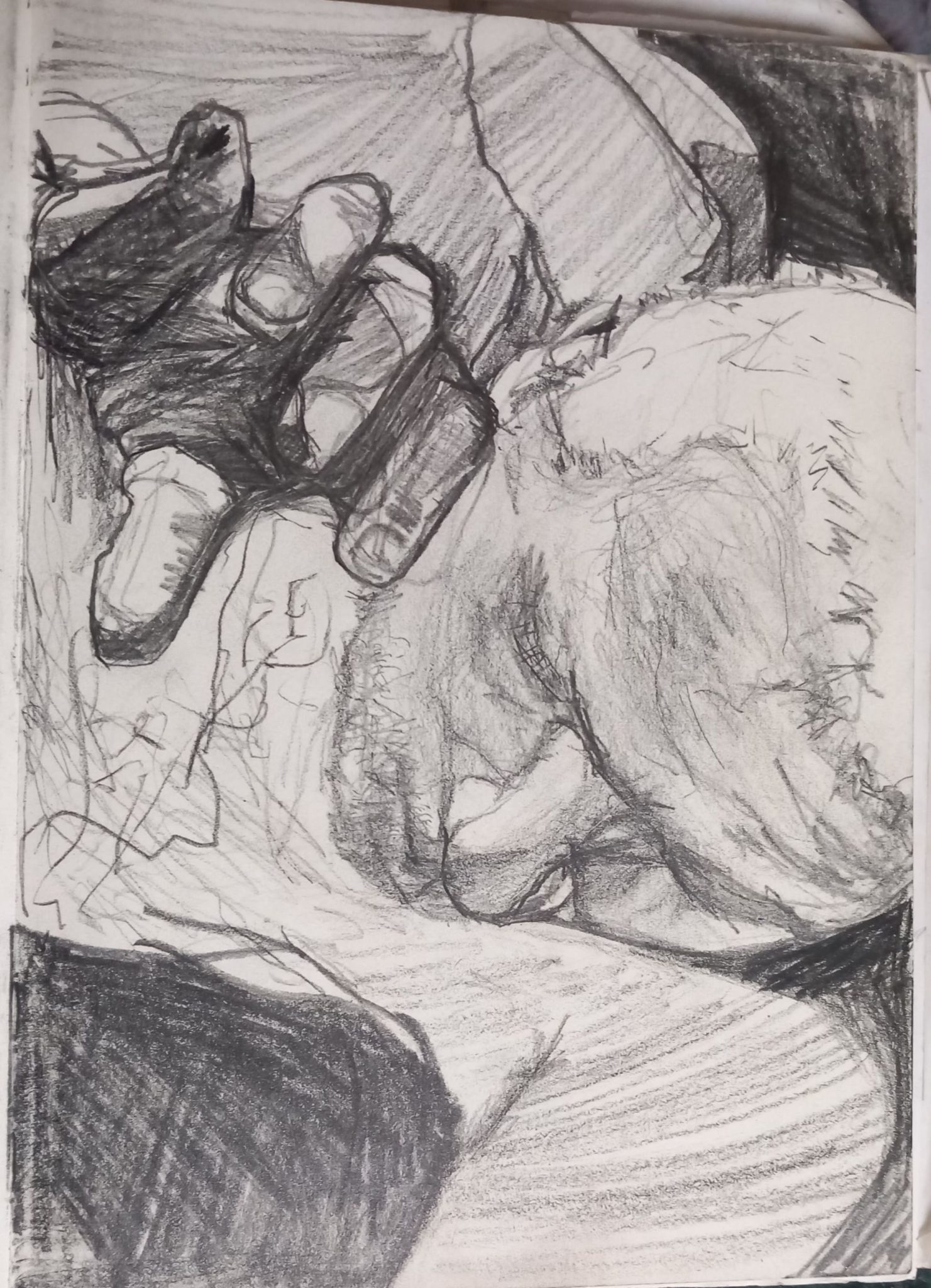 pencil drawing of a man's face and hand,  reaching twords viewer, headturned away to right slightly obscured by his arm