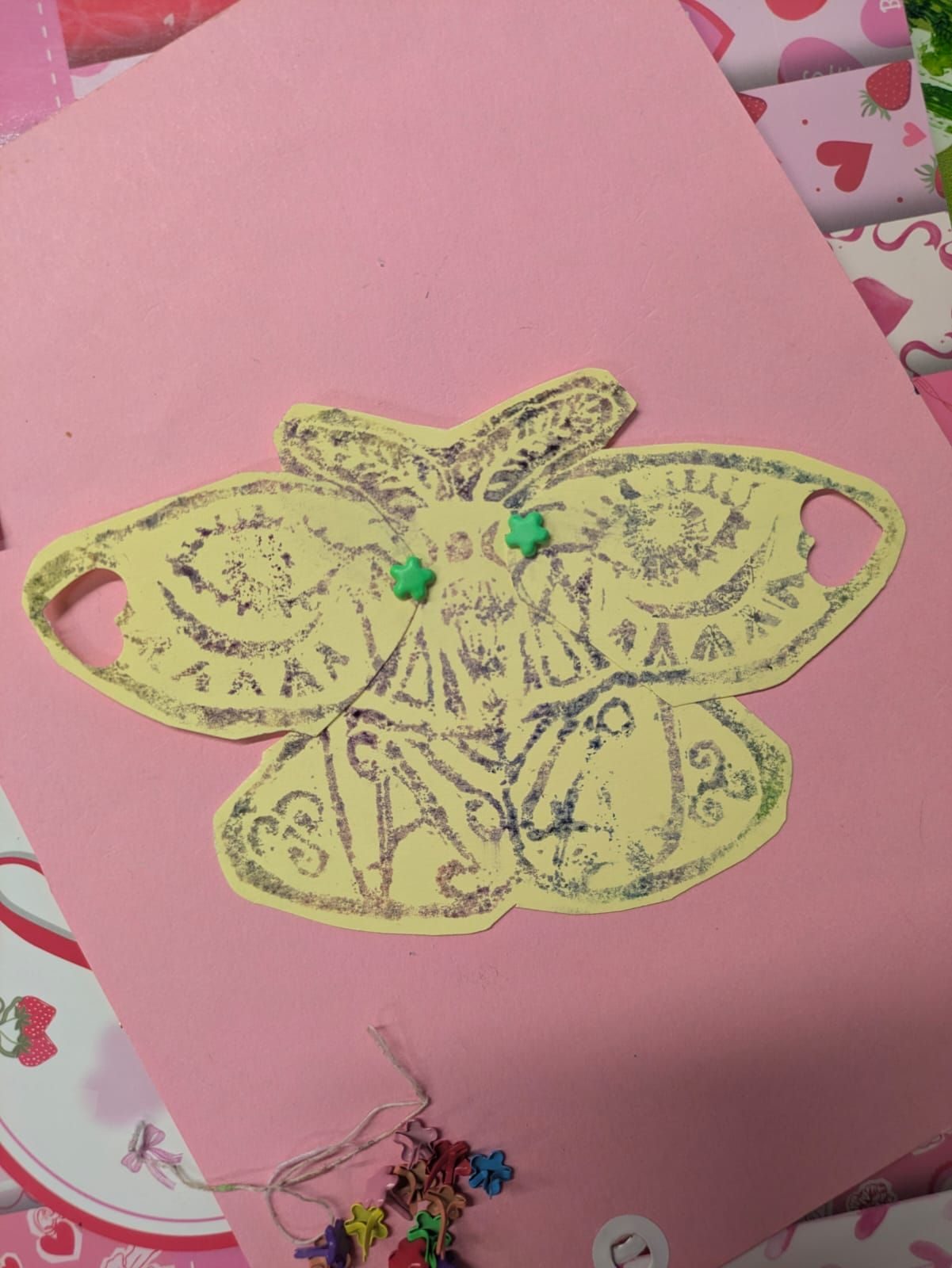 Card split pin cut out lino print moth with movable wings