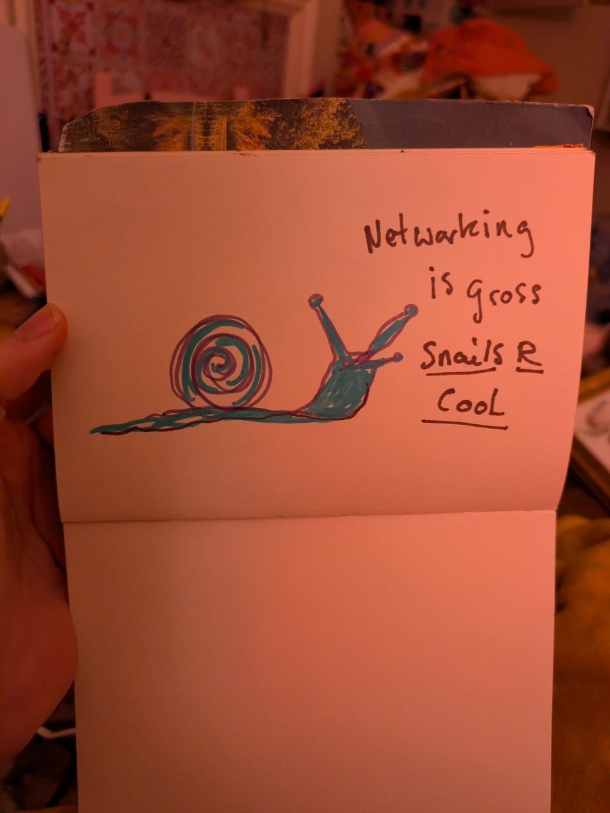 A pen drawing of a snail done while the artists eyes were closed. Coloured in with blue pen . Next to it is written Networking is gross snails r cool