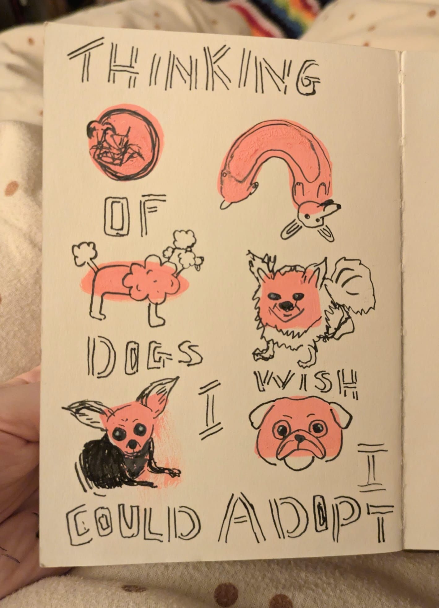Black ink line drawings of dogs on different shaped pink backgrounds. The artist made shapes with a pink pen and then made them into dogs. They have written 'thinking about dogs I wish I could adopt in-between the drawings. Going from left to right we have a curled up whippet, u shaped upside down sausage dog, poodle, Pomeranian type scruffy thing, demented chihuahua and a grumpy pug
