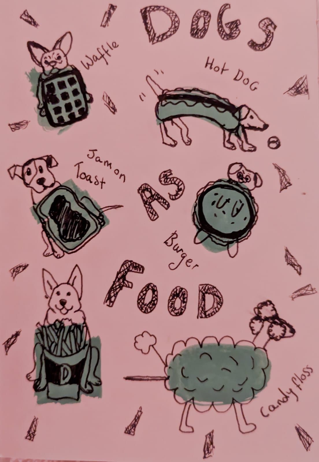 Dogs as food a waffle as a Frenchie, hot dog as a dashhound,Jam on toast as a staffy, burger as a pug, fries as a German Shepard, and candyfloss as a poodle. Green acrylic mark on paper with pen on top.