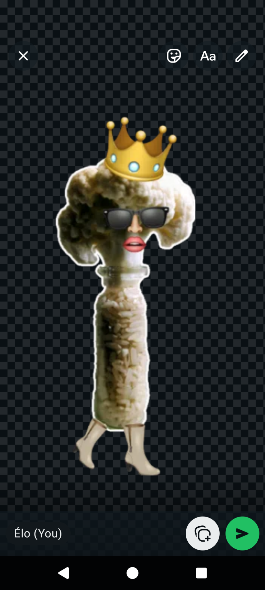Small glass bottle with rice and cauliflower has been turned into a sticker with added emojis of sunglasses, nose and crown, and a pair of boots