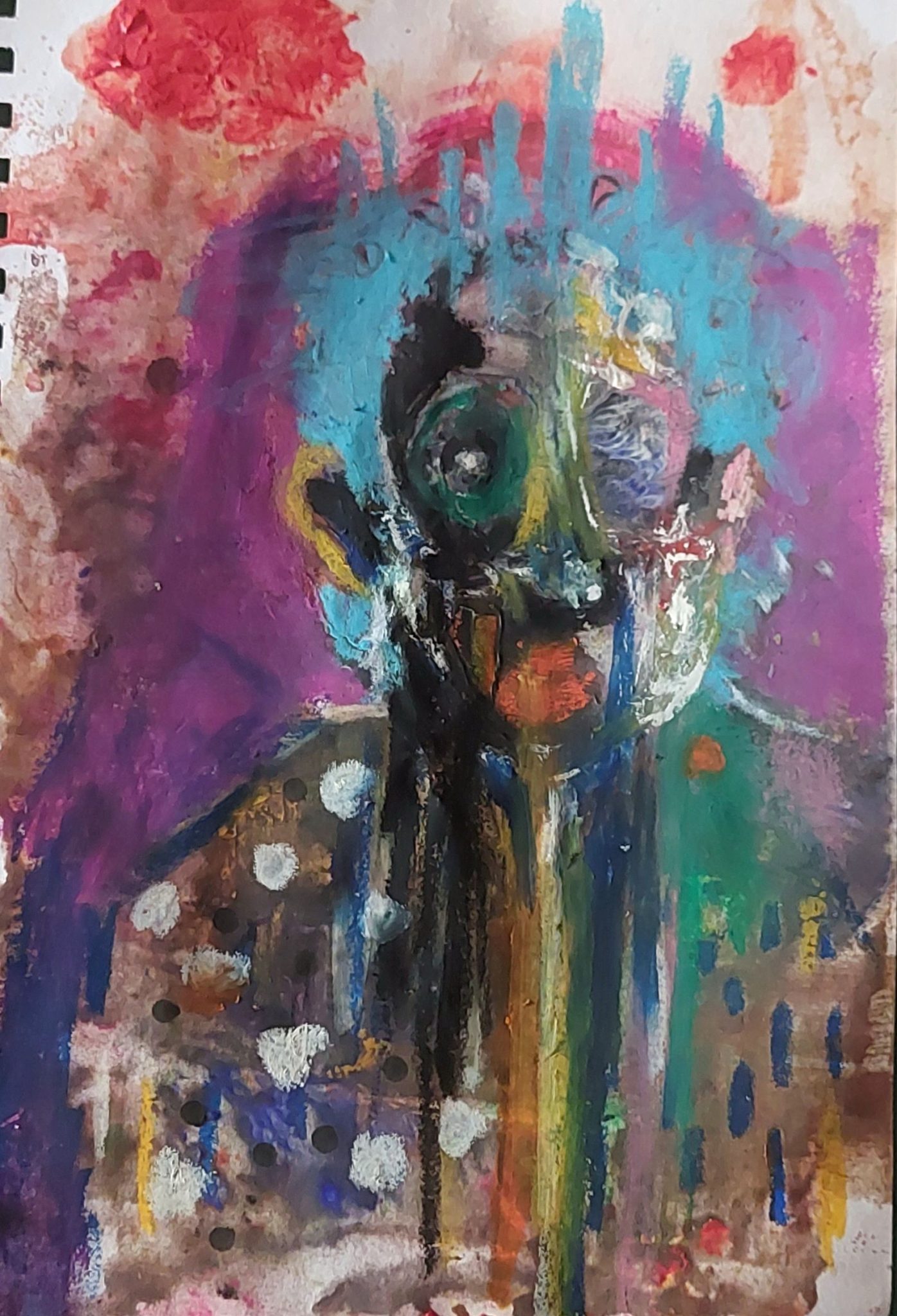 Mixed media piece featuring messy bright colours of a portrait pouting