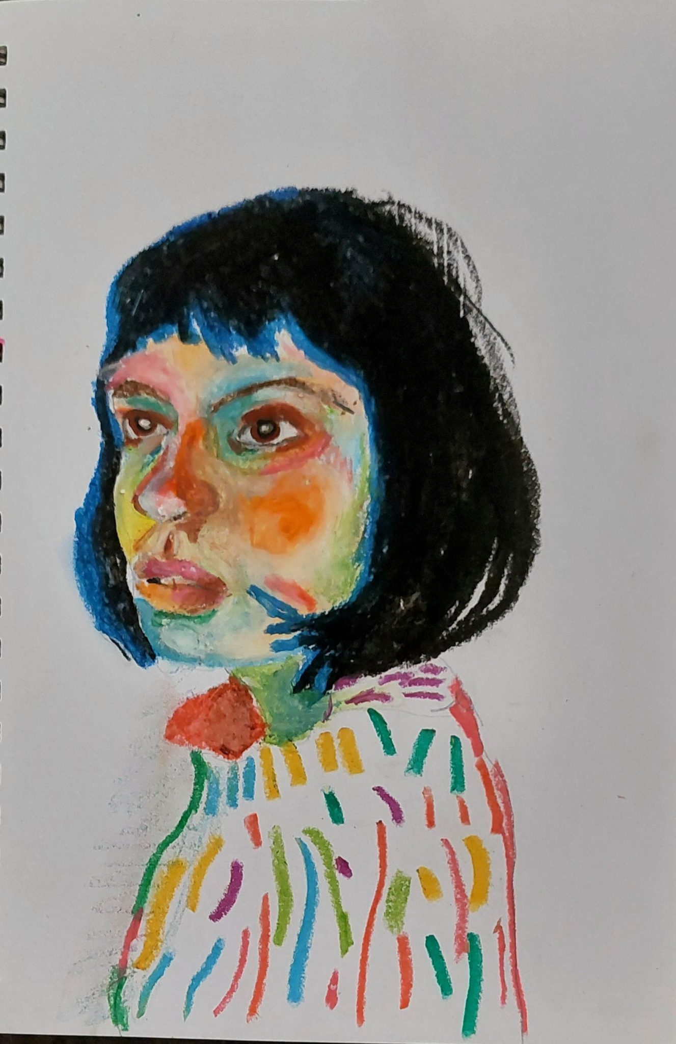 Pastel portrait of a woman with black hair staring into space