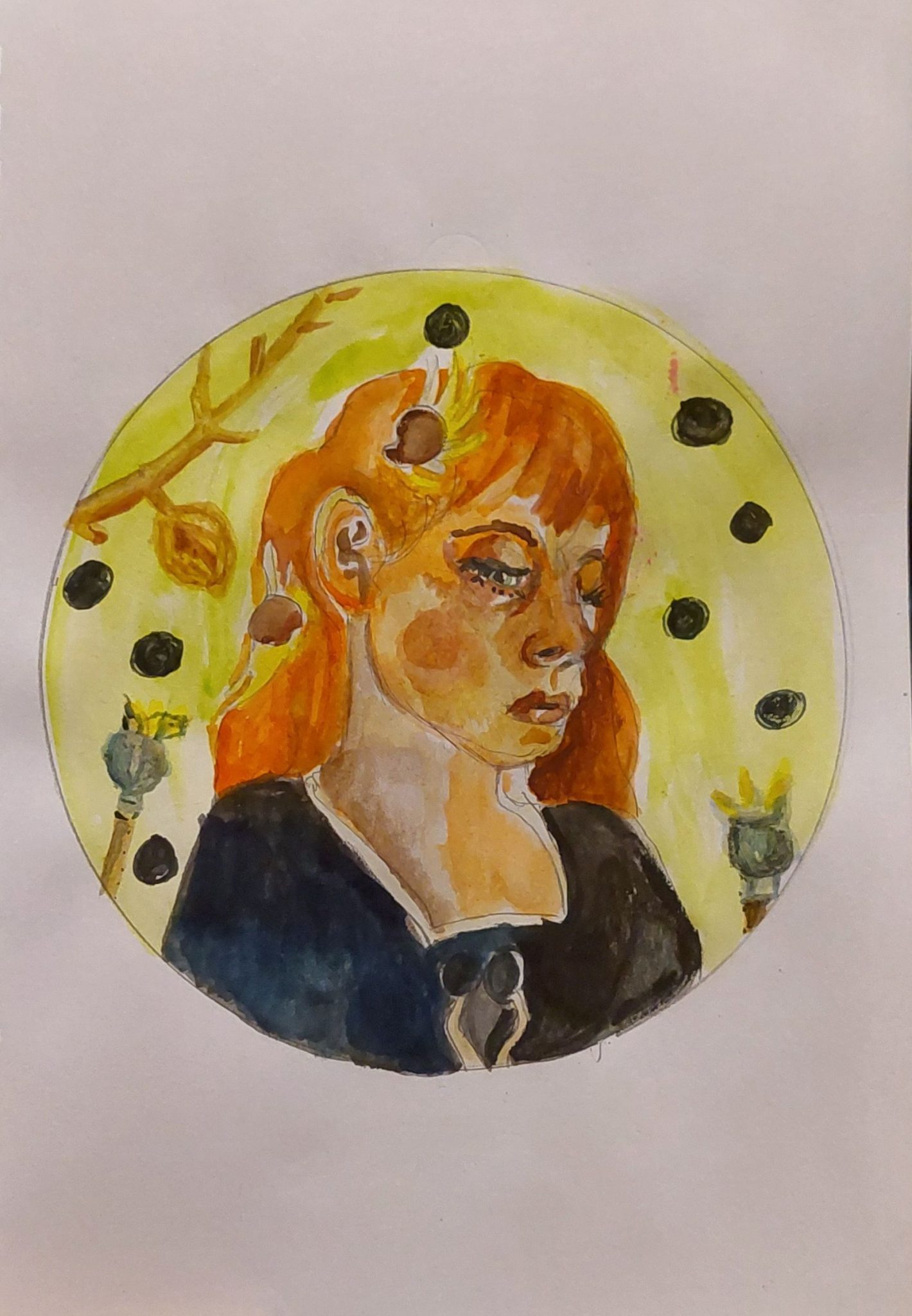 Painting of a red haired woman looking down