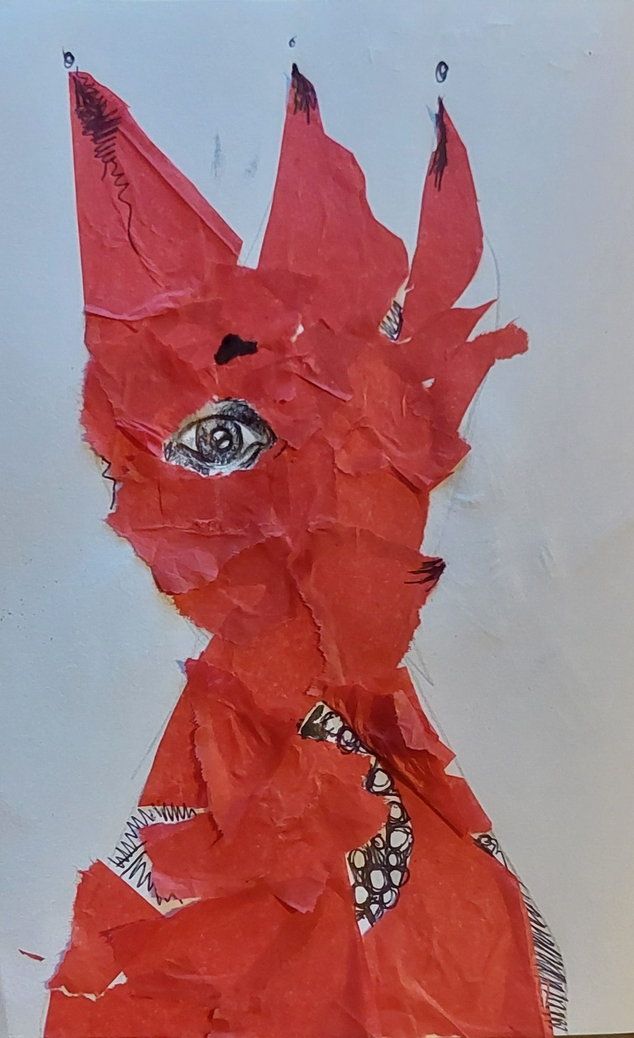 Eye peeking through a red firey collage figure