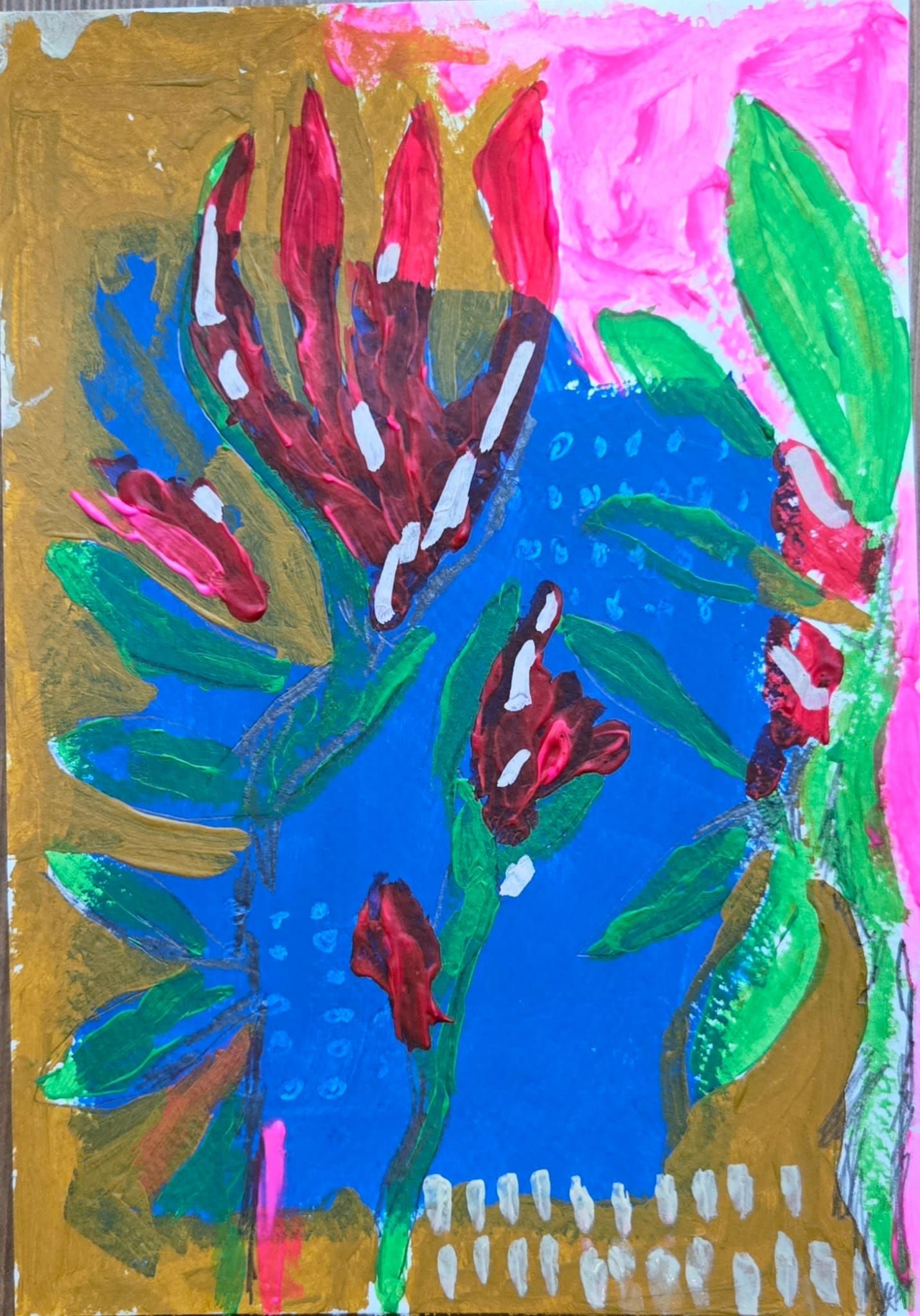 Mixed media work, made with acrylic paint and pencil. Using a limited pallete of blue, pink, cream and green.