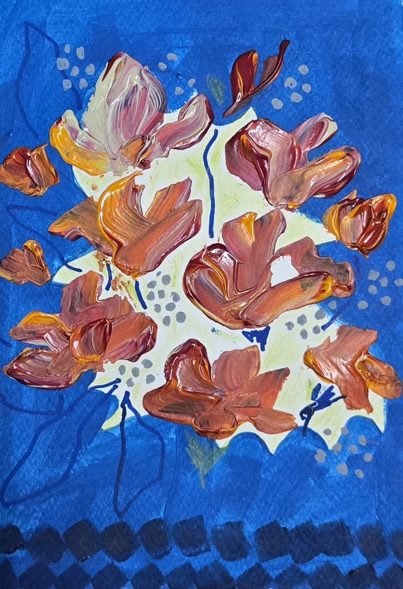 Mixed media piece, bold flowers painted in orange and red over an electric blue background.