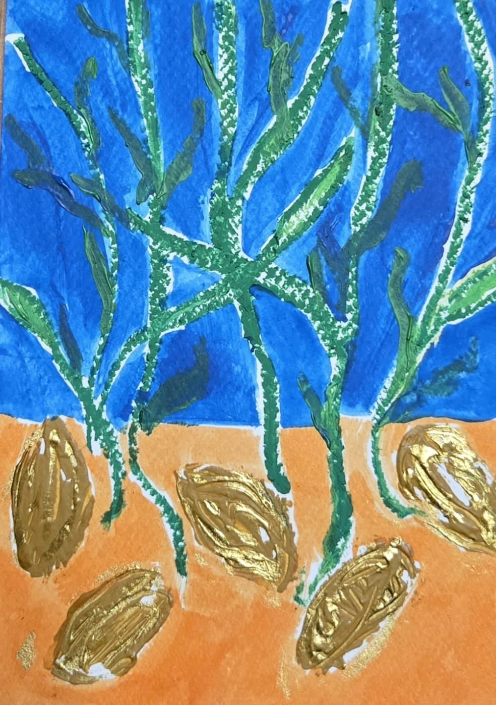 Mixed media piece, limited pallete. Has bold colors and shapes.