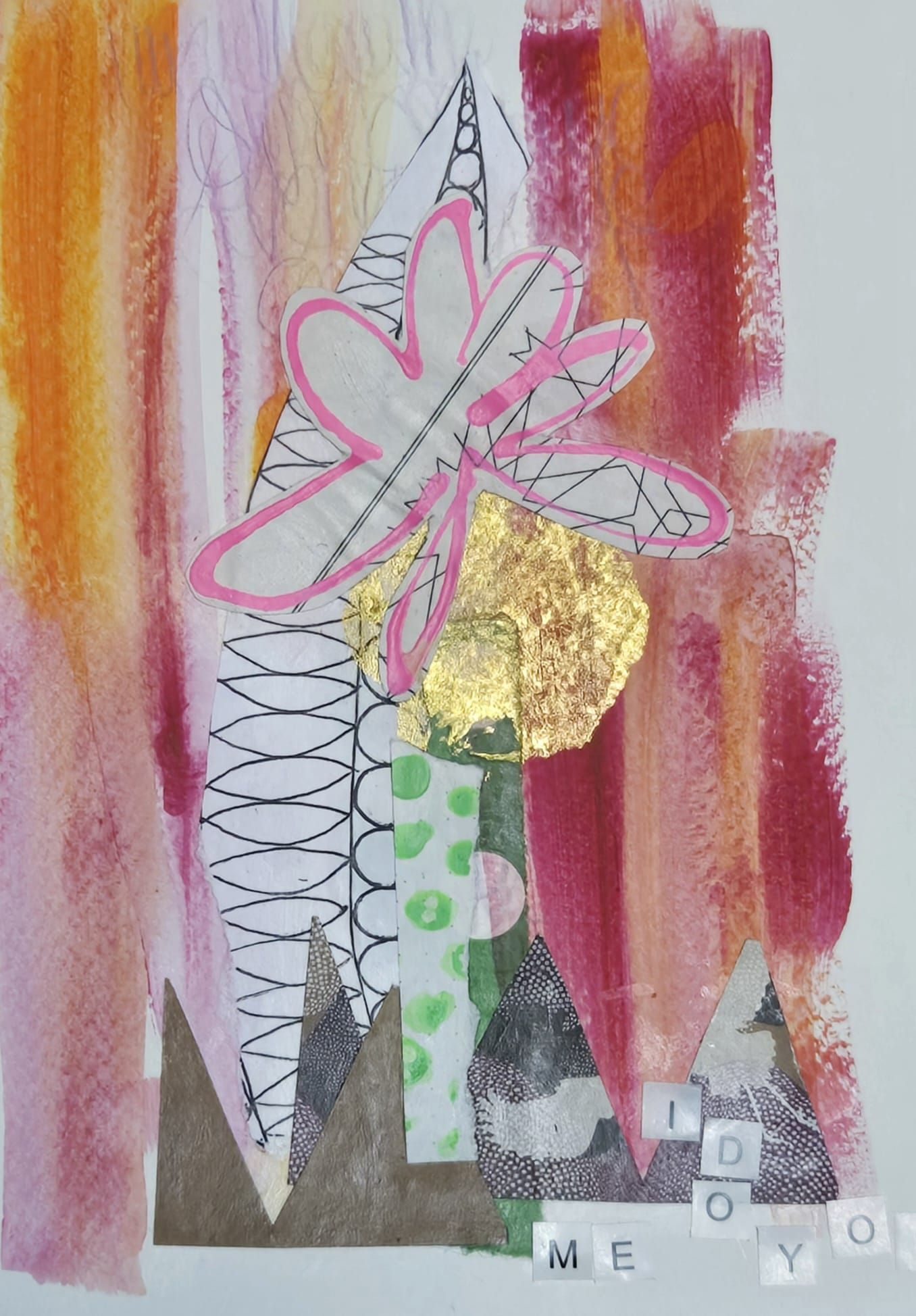 Mixed media artwork. Painted background with abstract collage.