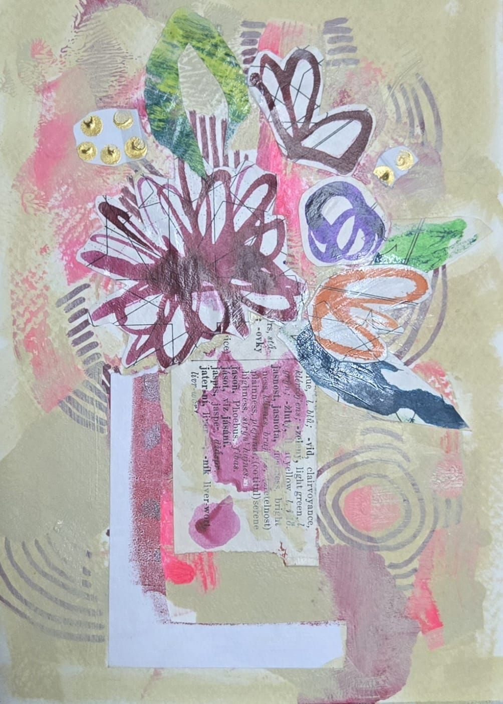 Miced media, paint and collage flower vase