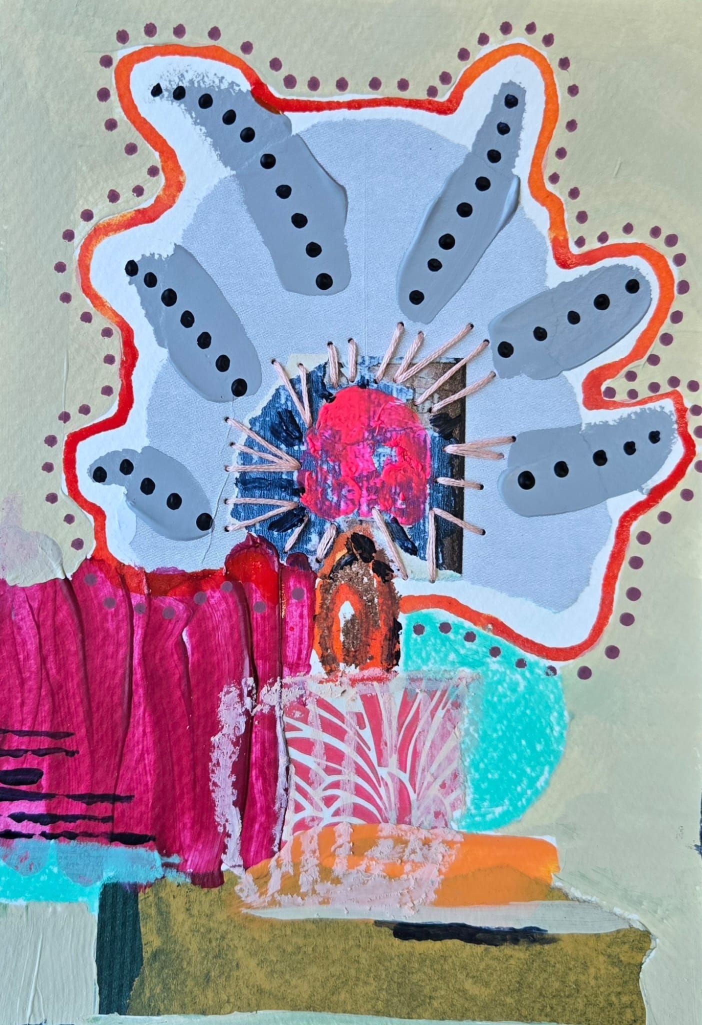 Mixed media, paint and stitch