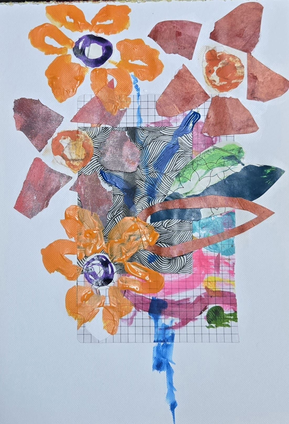 Mixed media, collage and paint floral bouquet