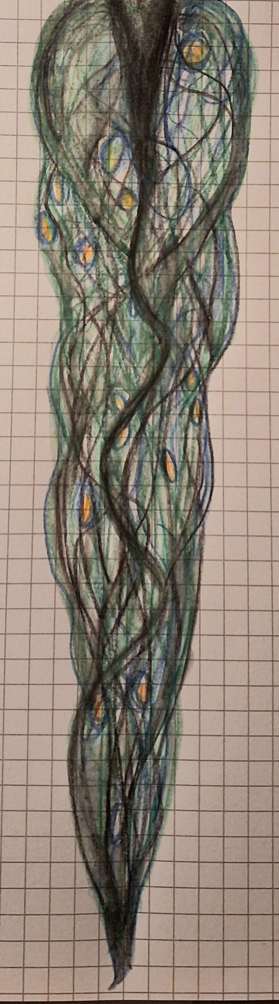Watercolor pencils: green  black blue and yellow lines leaf like structure