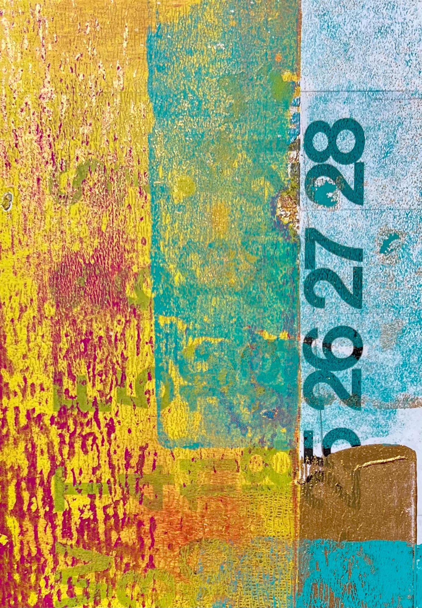 Monotype collage in teal, gold, yellow and pink