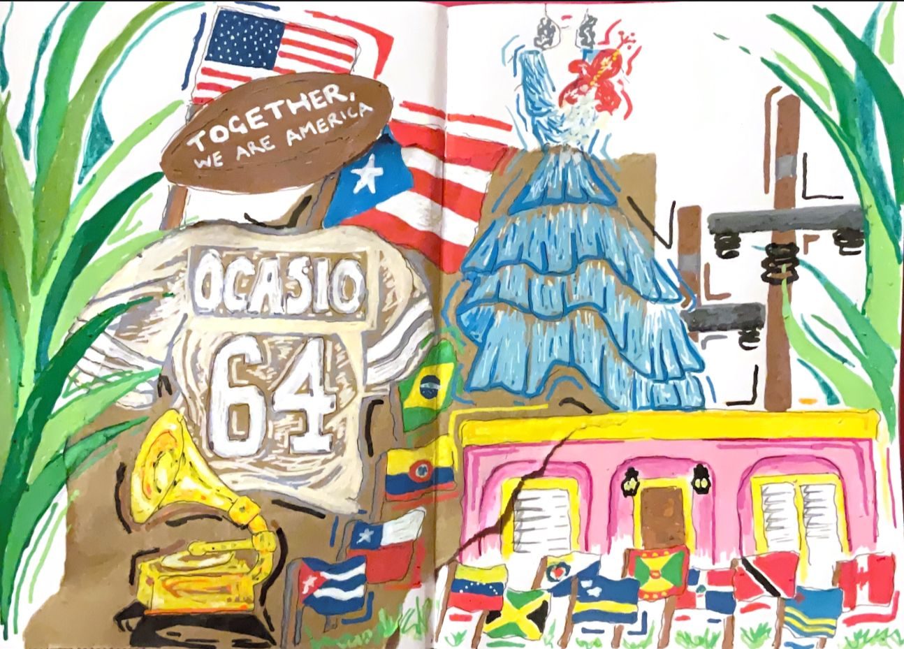 Acrylic Pens - collage illustration inspired by Bad Bunny's Superbowl performance 2026. including Grammy, lady Gaga dress, electricity poles, grass, la casita, many flags from countries across the Americas and the Football shirt he was wearing with Ocasio 64 on the back