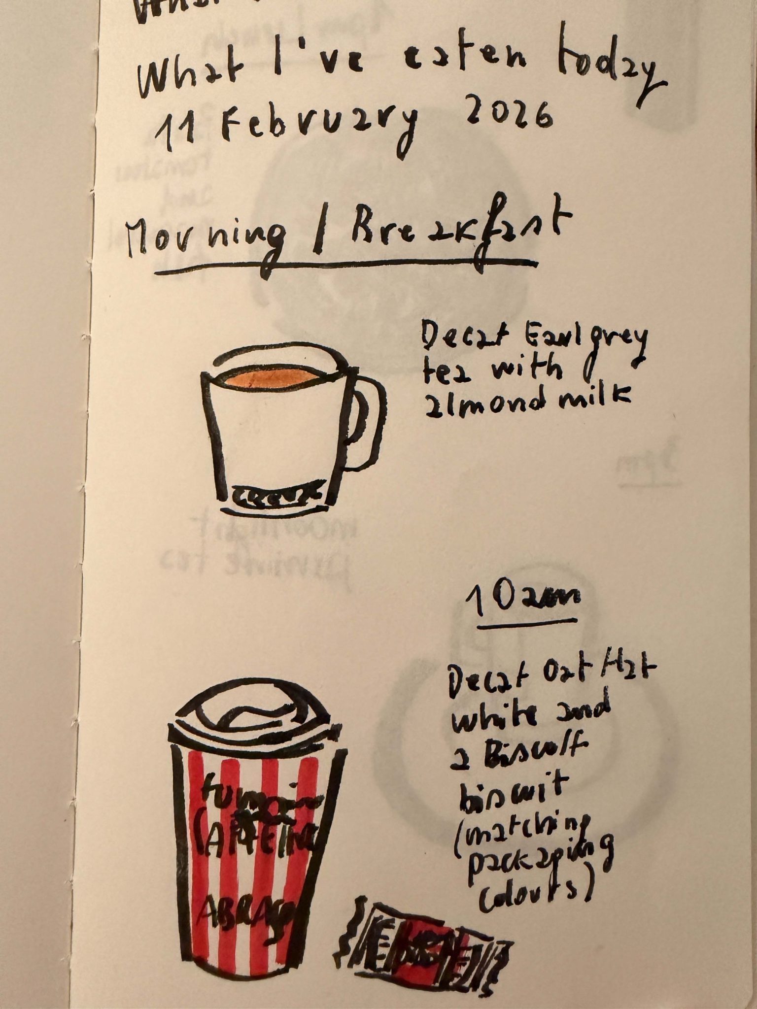 A cup of tea with milk and a take-away cup of coffee with a biscoff. Black and red ink on paper.