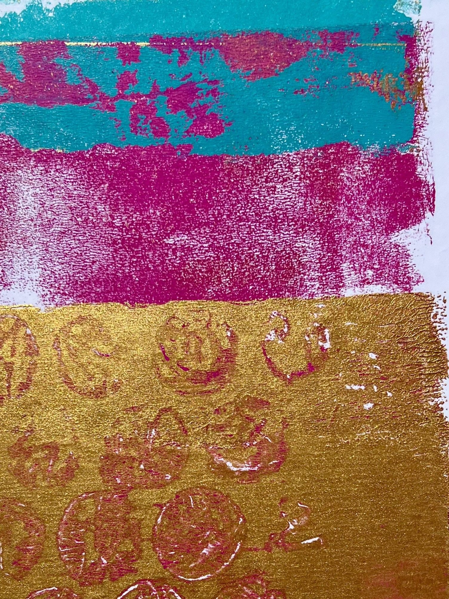 Montoype collage in pinks, teals, and gold created with documents from the Freedom Archives