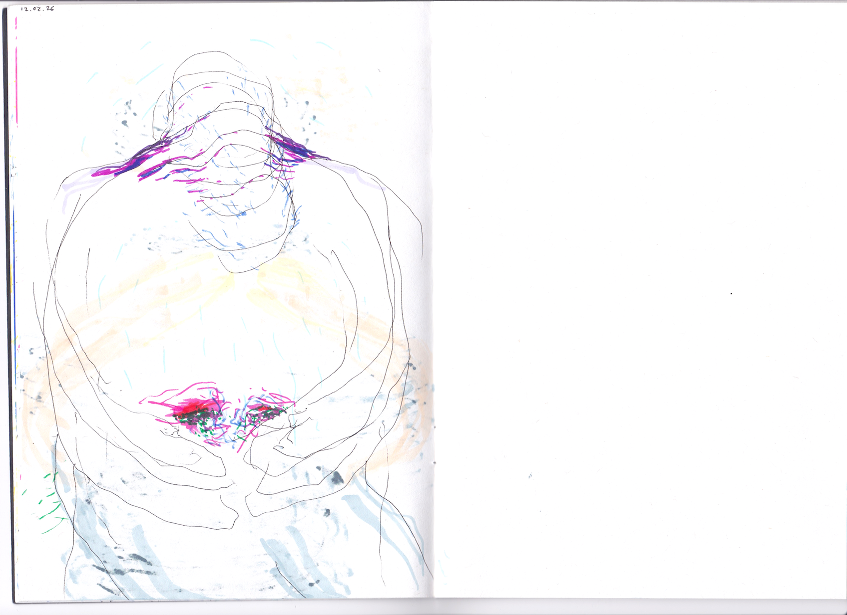 A scan of an open notebook, with one page featuring a felt tip drawing of body sensations. On day 12.02.26, an abstracted figure bows down their head, their neck is lined with purple and blue. Their hands frame red, ink and green squiggles. Blotches of peach and yellow and lines of light blue and green frame the figure.