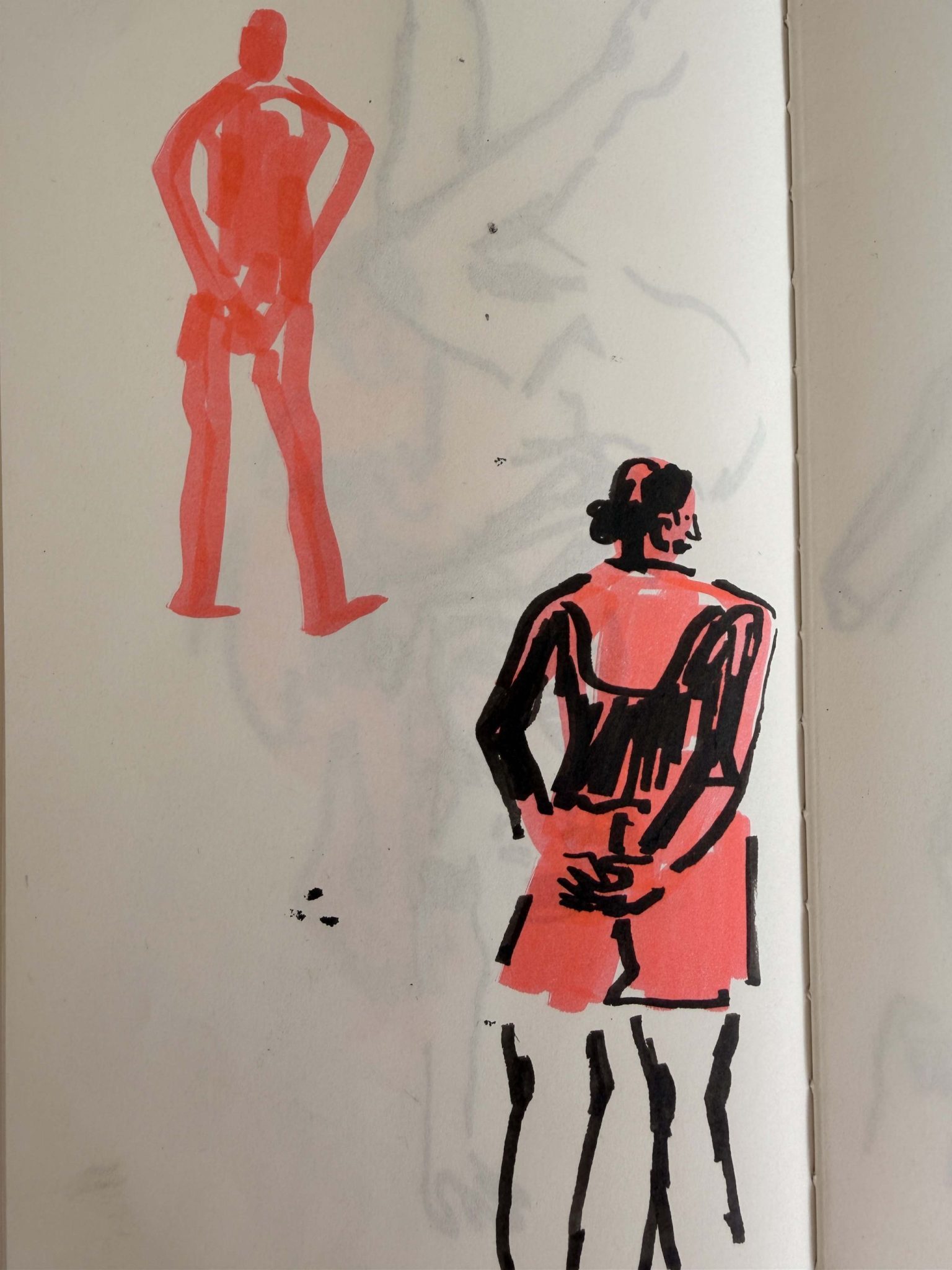 Quick sketches of a ballerina posing. Black ink and pink marker on paper.