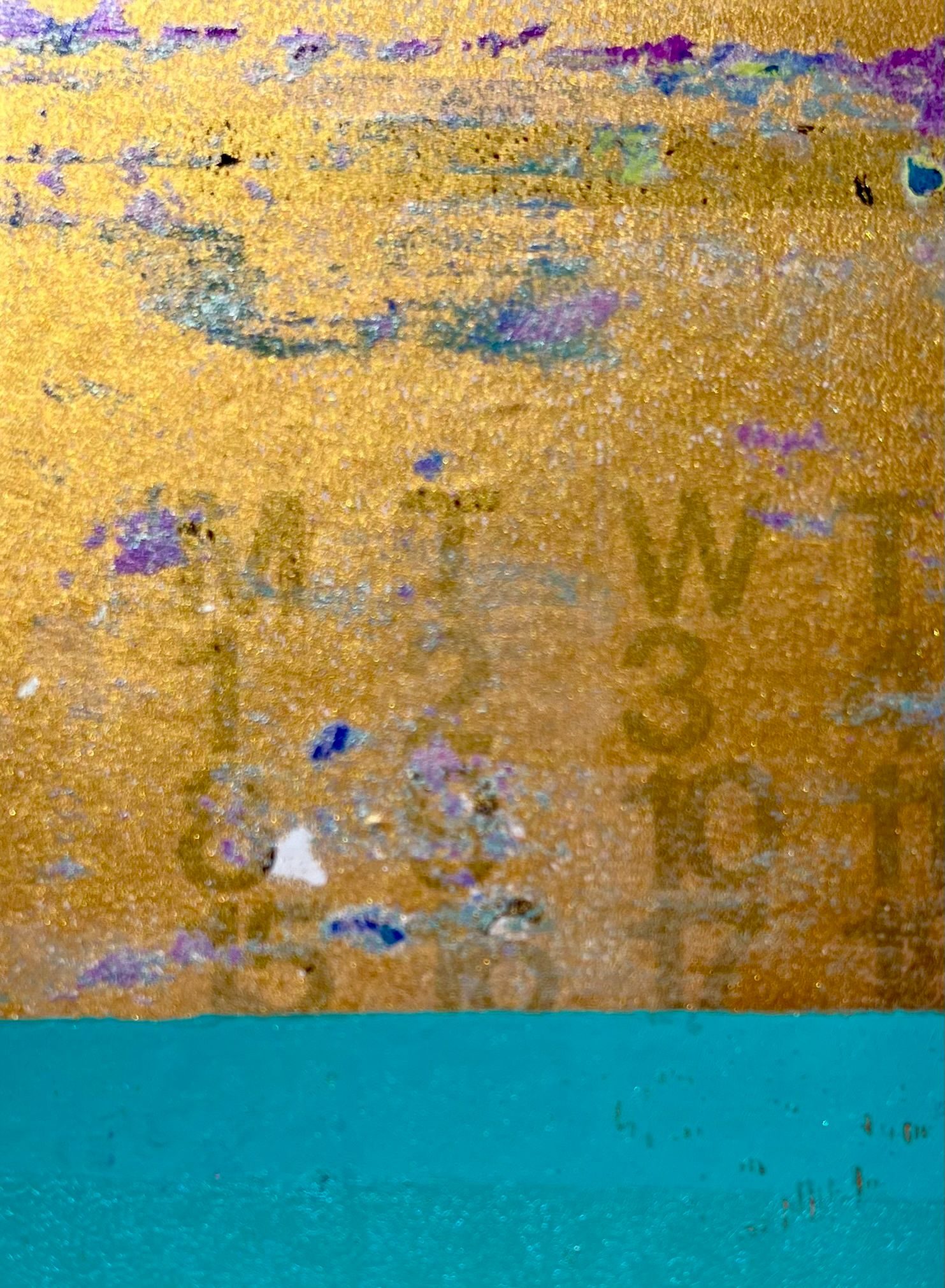 Monotype collage in pinks teals golds