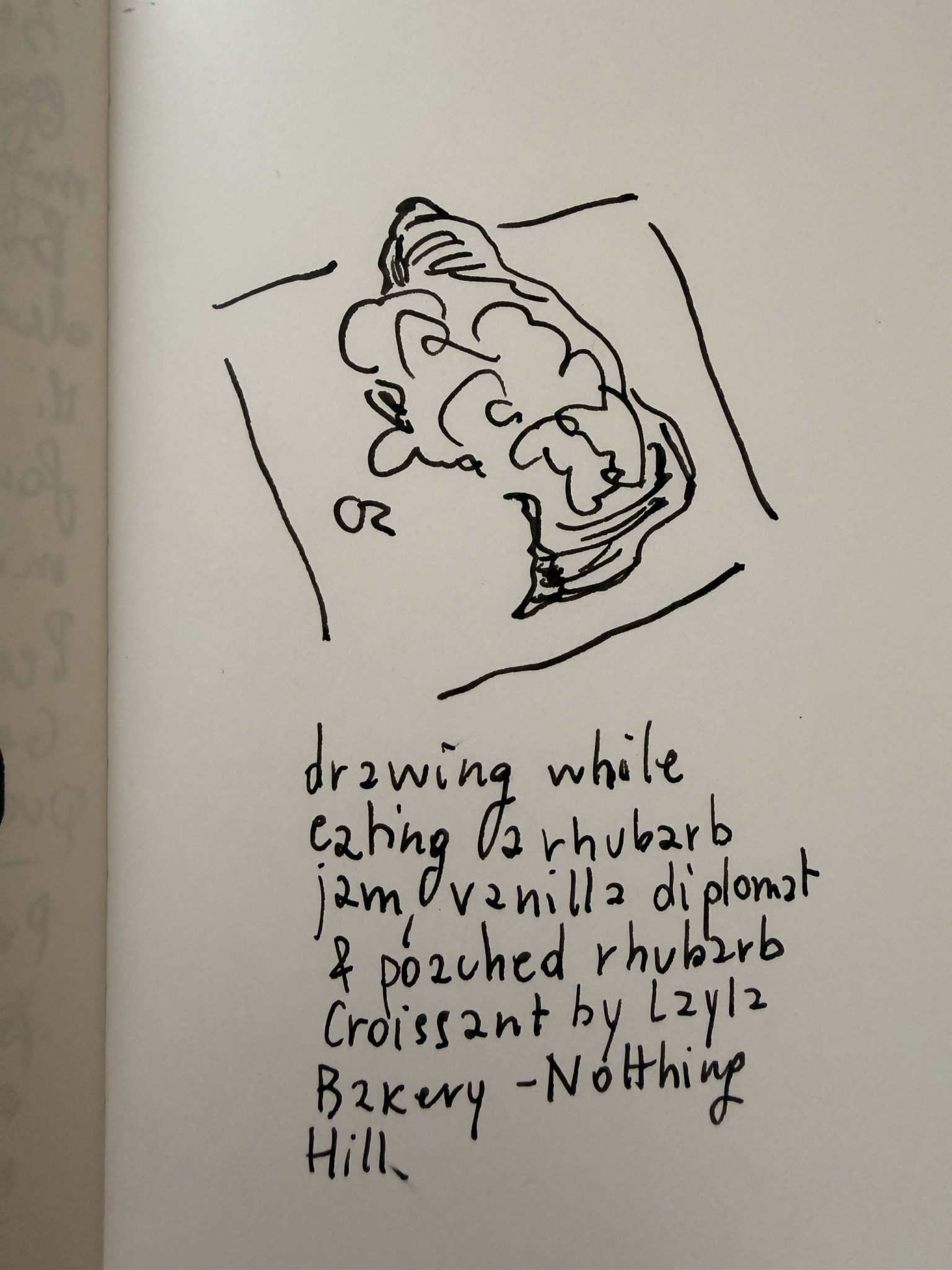 A bitten croissant with vanilla cream and rhubarb on top. Black ink on paper.