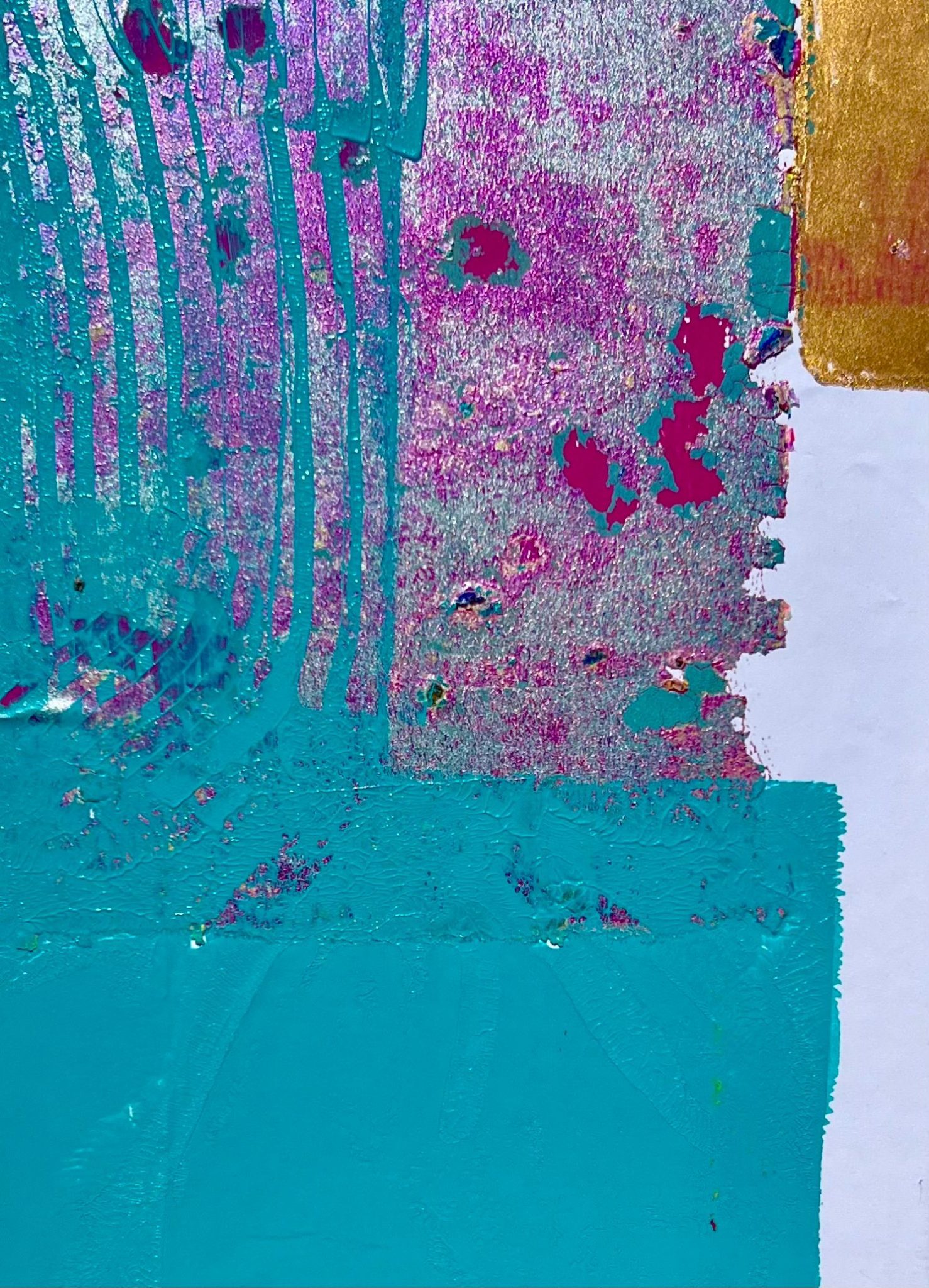 Monotype collage in pinks teals and gold acrylic